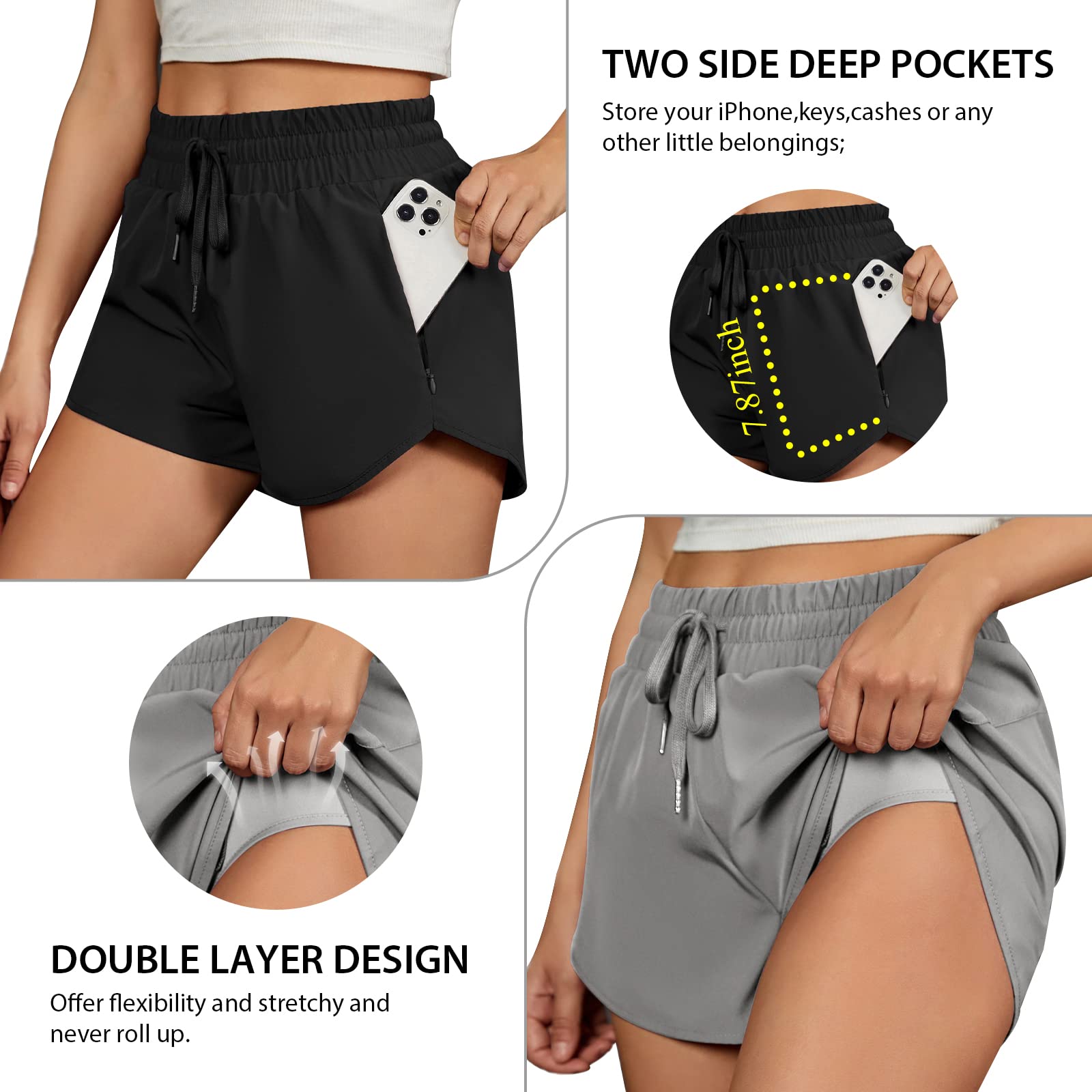 BMJL Women's High Waist Running Shorts - Breathable Athletic Workout Shorts with Zipper Pockets for Gym, Jogging & Summer Sports Activities