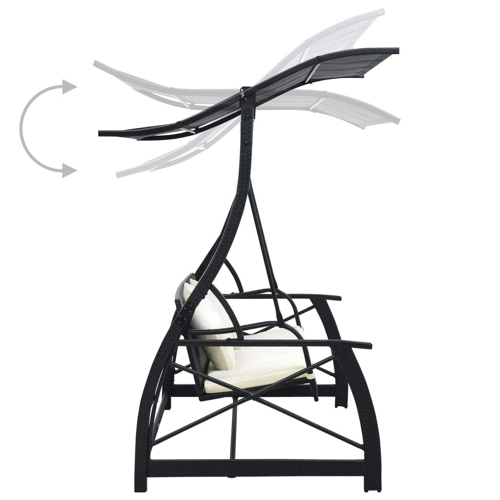 vidaXL Patio Swing Chair with Adjustable Canopy & Cushion - Outdoor Hanging Daybed Bench in Black Poly Rattan - Perfect for Balcony, Garden, Porch & Backyard Relaxation