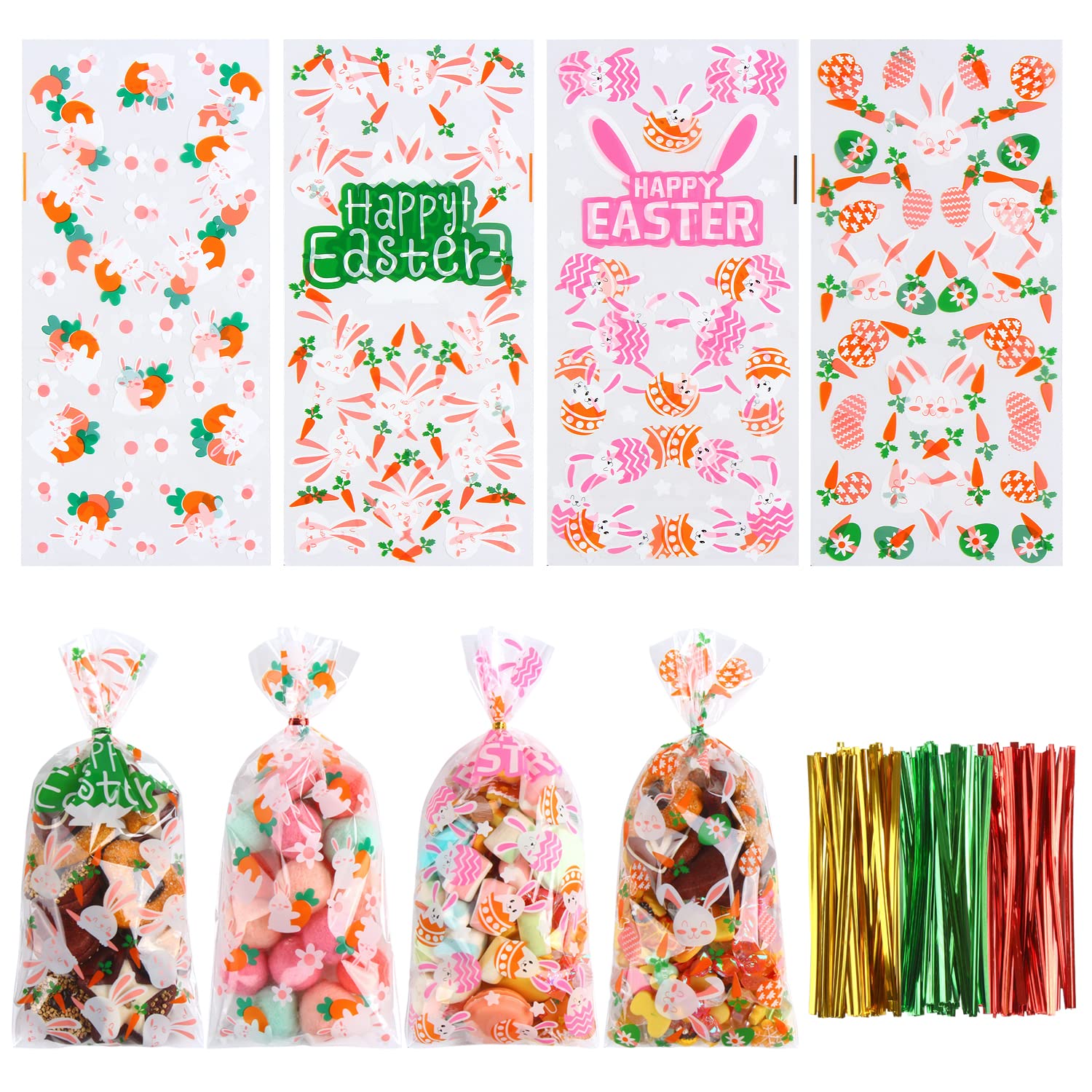 LOKIPA Easter Cellophane Treat Bags - 120pcs Assorted Styles with Ties for Candy, Gifts & Party Favors - Perfect for Easter Celebrations, Classroom Treats & Holiday Goodie Bags