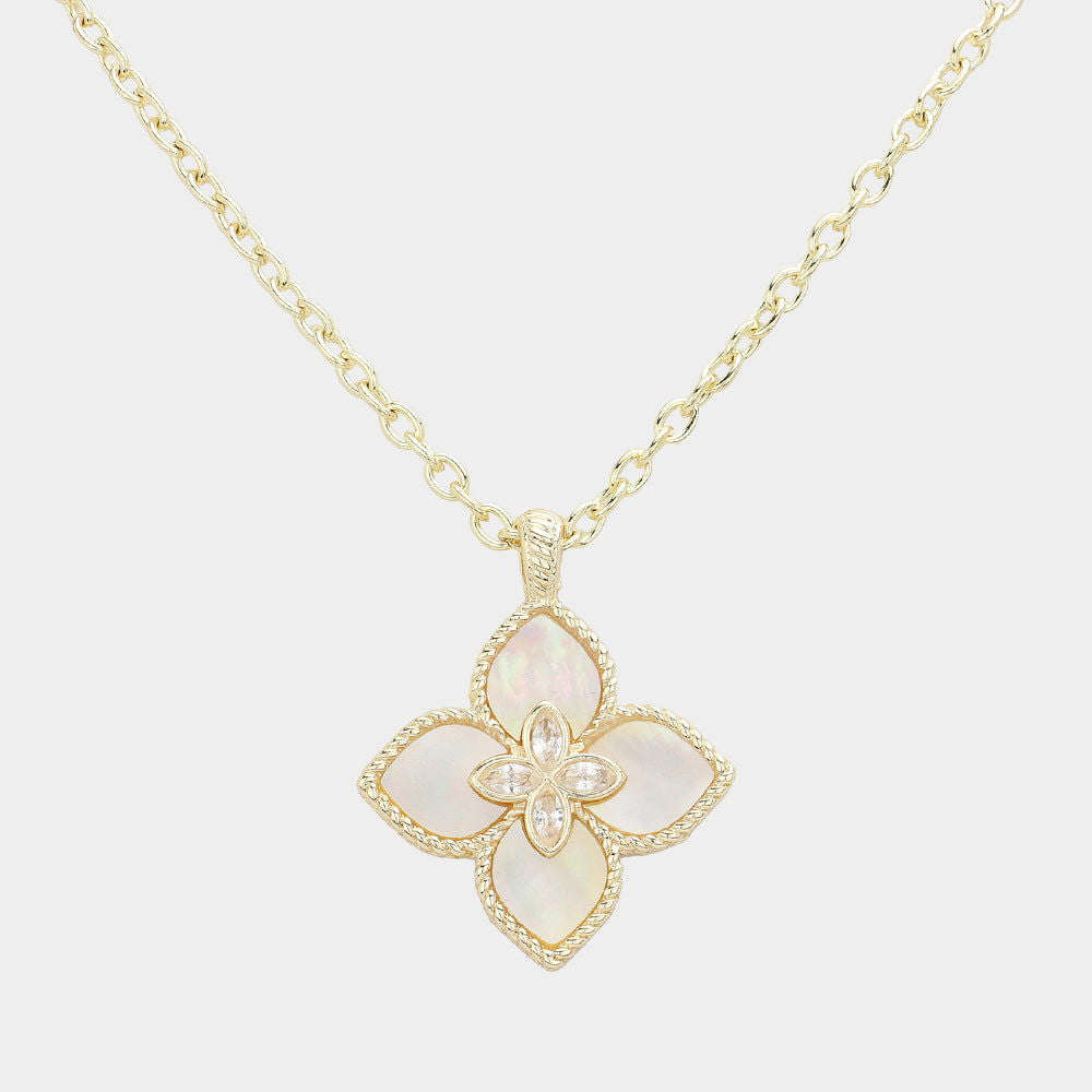 14K Gold Plated CZ Stone Pointed Mother of Pearl Clover Pendant Necklace for Women - Elegant Irish Shamrock Jewelry Gift for Birthday, Anniversary & St. Patrick's Day