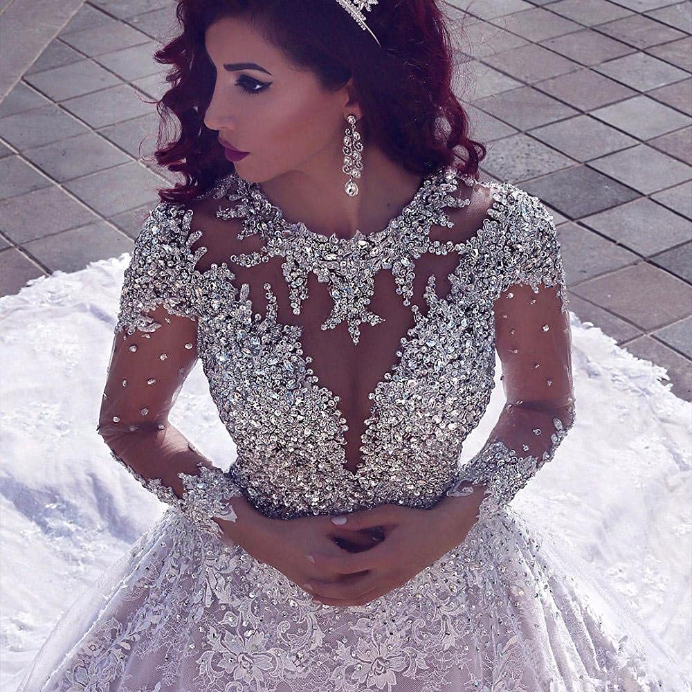 Ivory White Long Sleeve Beaded Crystal Wedding Dress with Lace Long Train - Elegant Bridal Gown for Church Ceremony, Beach Wedding, and Formal Reception