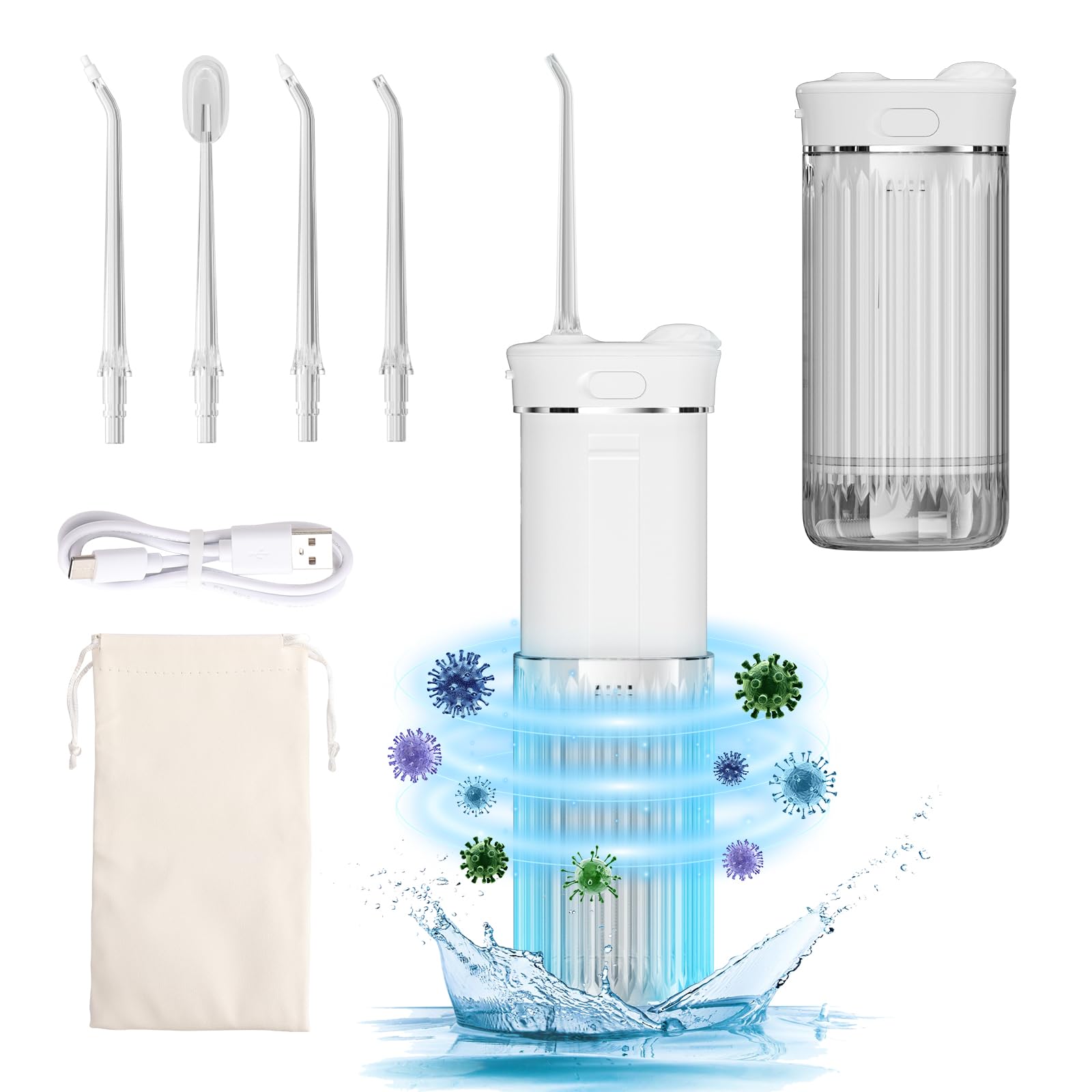 Portable Water Flosser for Teeth & Gums - Cordless Dental Irrigator with 4 Nozzles & Telescopic Water Tank - IPX7 Waterproof Oral Cleaner for Braces Care - Perfect for Home, Travel, and On-the-Go Oral Hygiene (White)