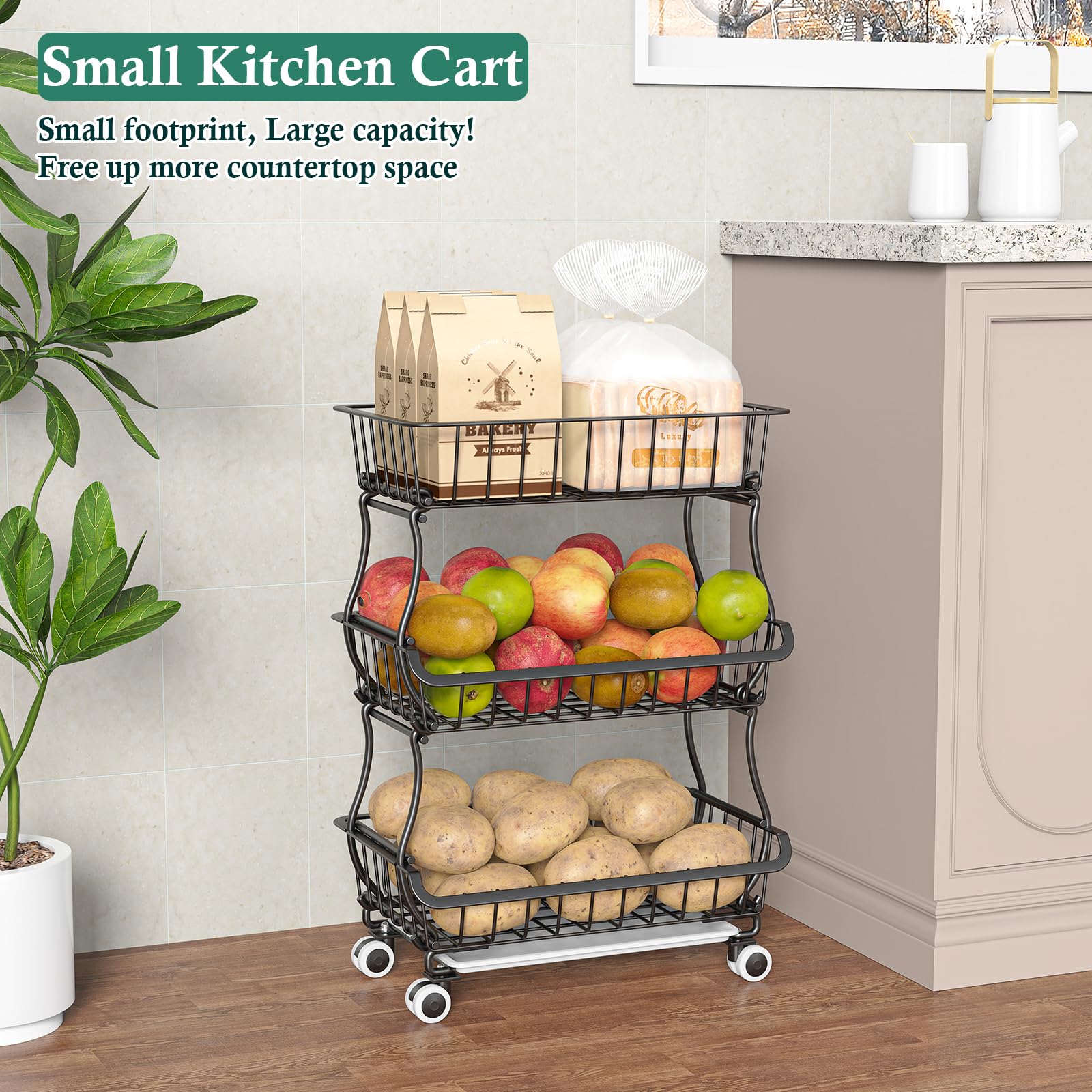 3-Tier Rolling Pantry Cart with Wheels - Stackable Wire Storage Organizer for Kitchen, Pantry Shelves, Fruits, Snacks, Onions & Potatoes - Perfect for Small Spaces, Home Organization & Easy Access to Essentials