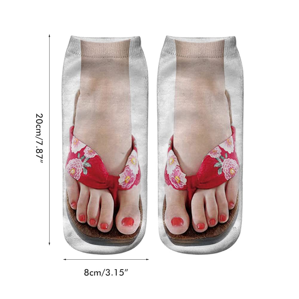 4 Pairs 3D Vivid Flip Flop Print Socks - Breathable Low Cut Ankle Socks for Women | Invisible No Show Boat Socks | Funny Novelty Yoga Running Socks for Girls - Perfect for Summer, Beach, Gym & Casual Wear