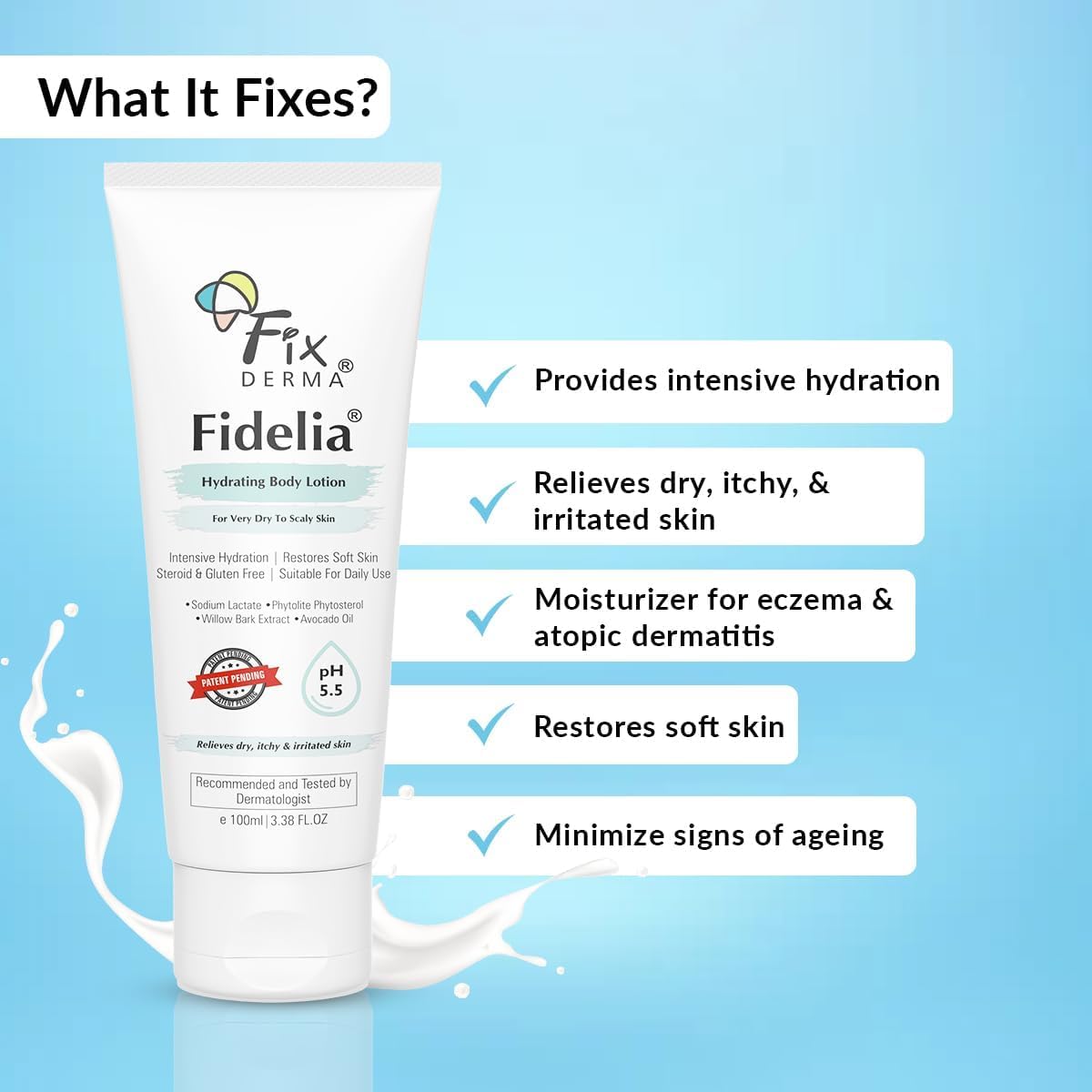 Fixd'erma Fidelia Hydrating Body Lotion - Moisturizing Cream for Dry Skin, Face & Body Care - Winter Skin Relief for Women & Men - 100ml - Perfect for Daily Use & After Shower Hydration