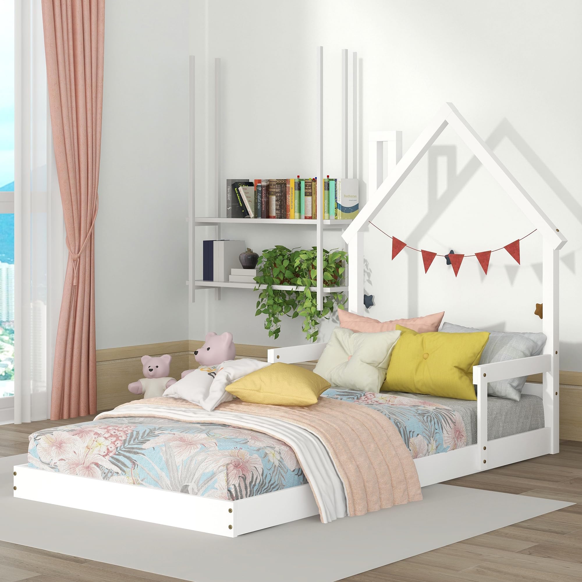 Bellemave Twin Size House-Shaped Headboard Floor Bed for Kids - Montessori Wooden House Bed with Safety Handrails & Slats - Perfect for Girls & Boys Bedrooms (Twin, White) - Ideal for Montessori Rooms, Playrooms & Kids' Bedrooms