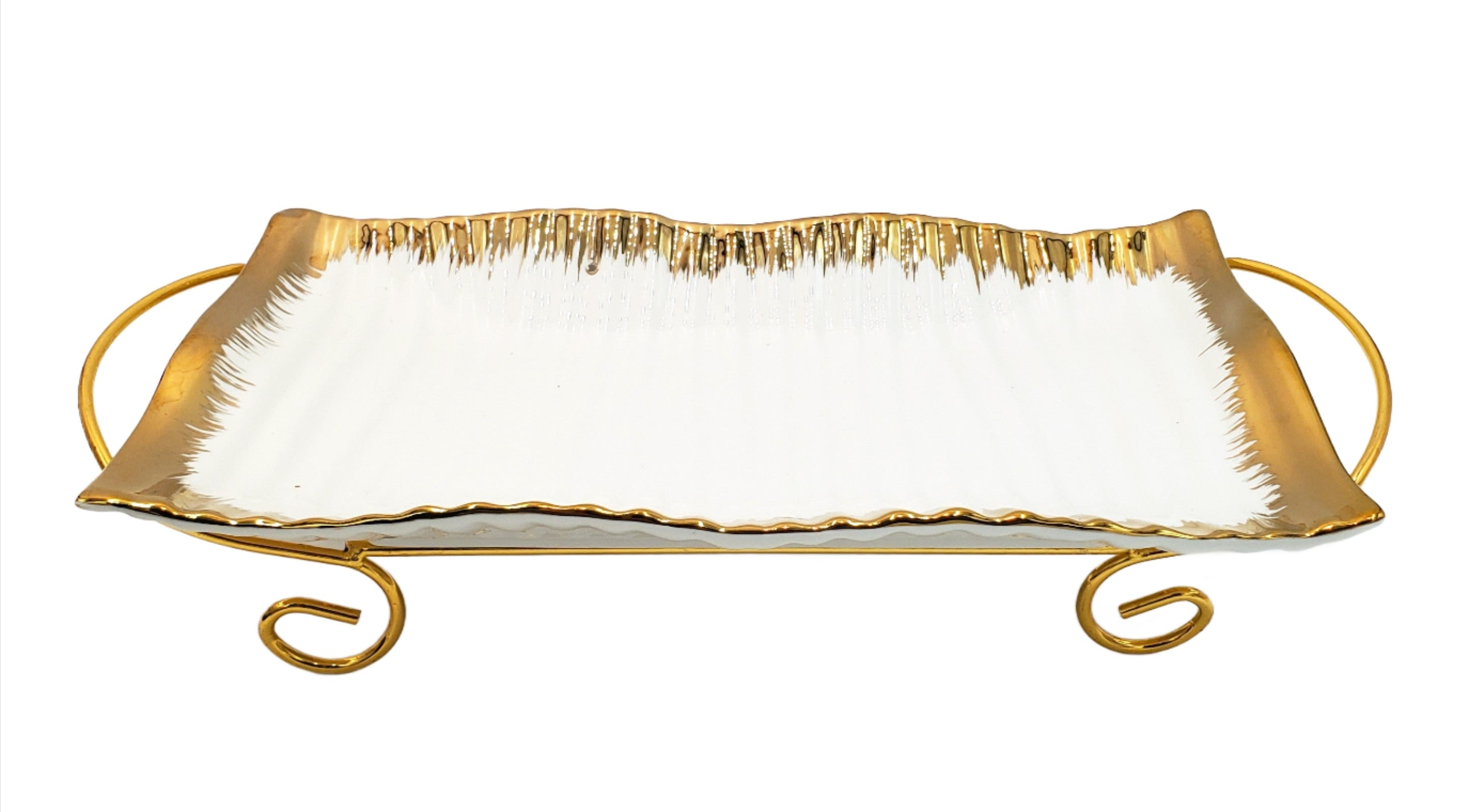 14x8.25x3.25 Inch Porcelain Serving Platter with Gold Base - Elegant Decorative Tray for Dinner Parties, Buffets & Holiday Entertaining