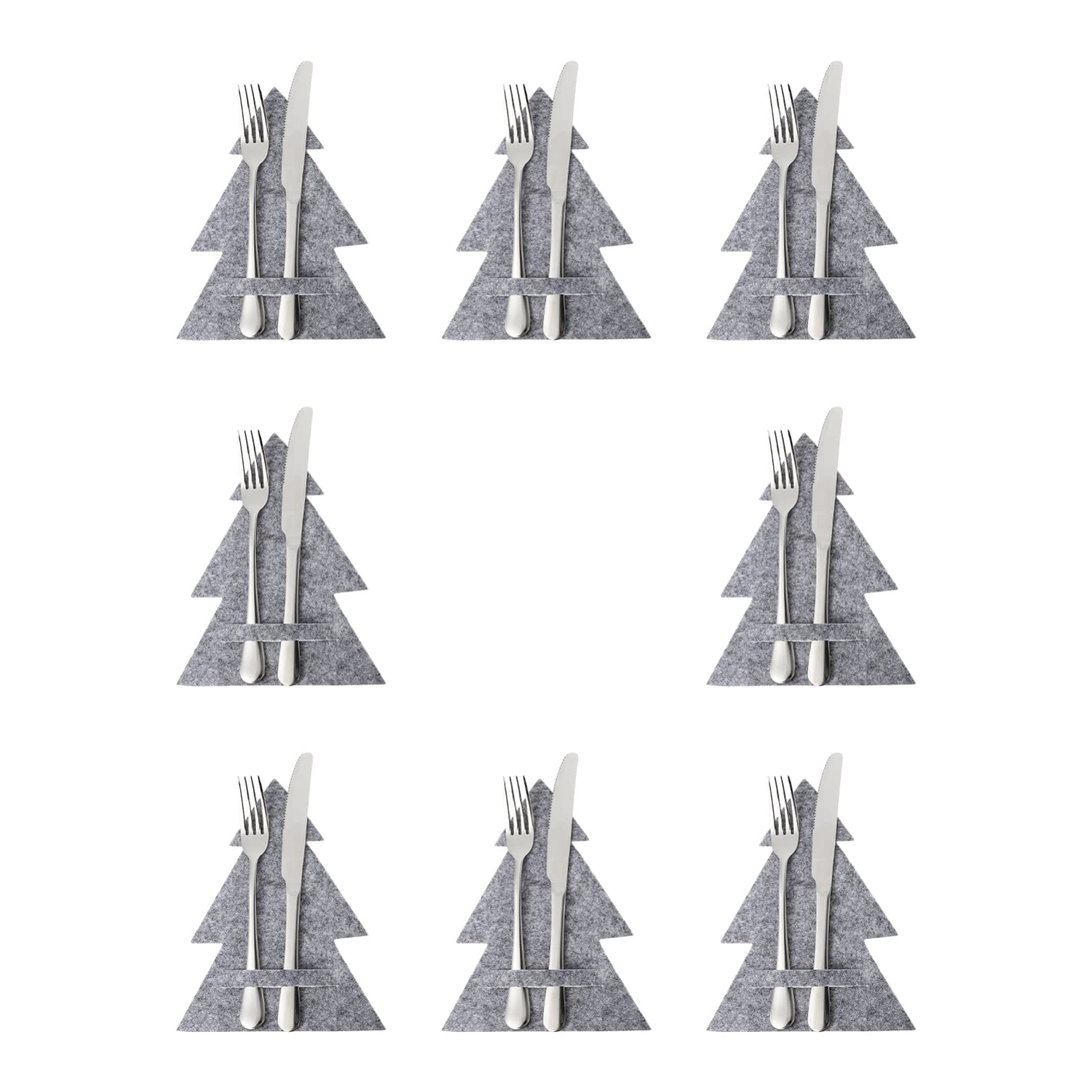 Christmas Cutlery Bags Silverware Holder - 8Pcs Xmas Tree Shaped Flatware Set with Knives, Forks & Spoons Pockets - Grey Tableware Storage Pouch for Holiday Dinner Party Decor & Winter Table Setting
