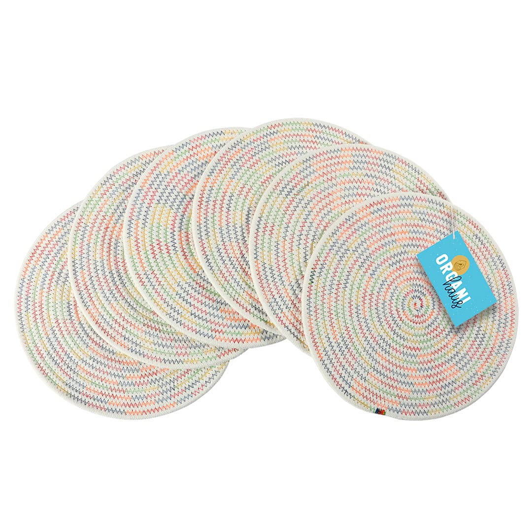 OrganiHaus Round Placemats Set of 6 - Colorful Braided Woven Placemats for Dining Table, Heat Resistant & Washable - Farmhouse & Outdoor Use for Patio, Kitchen, Picnic - Rainbow Design