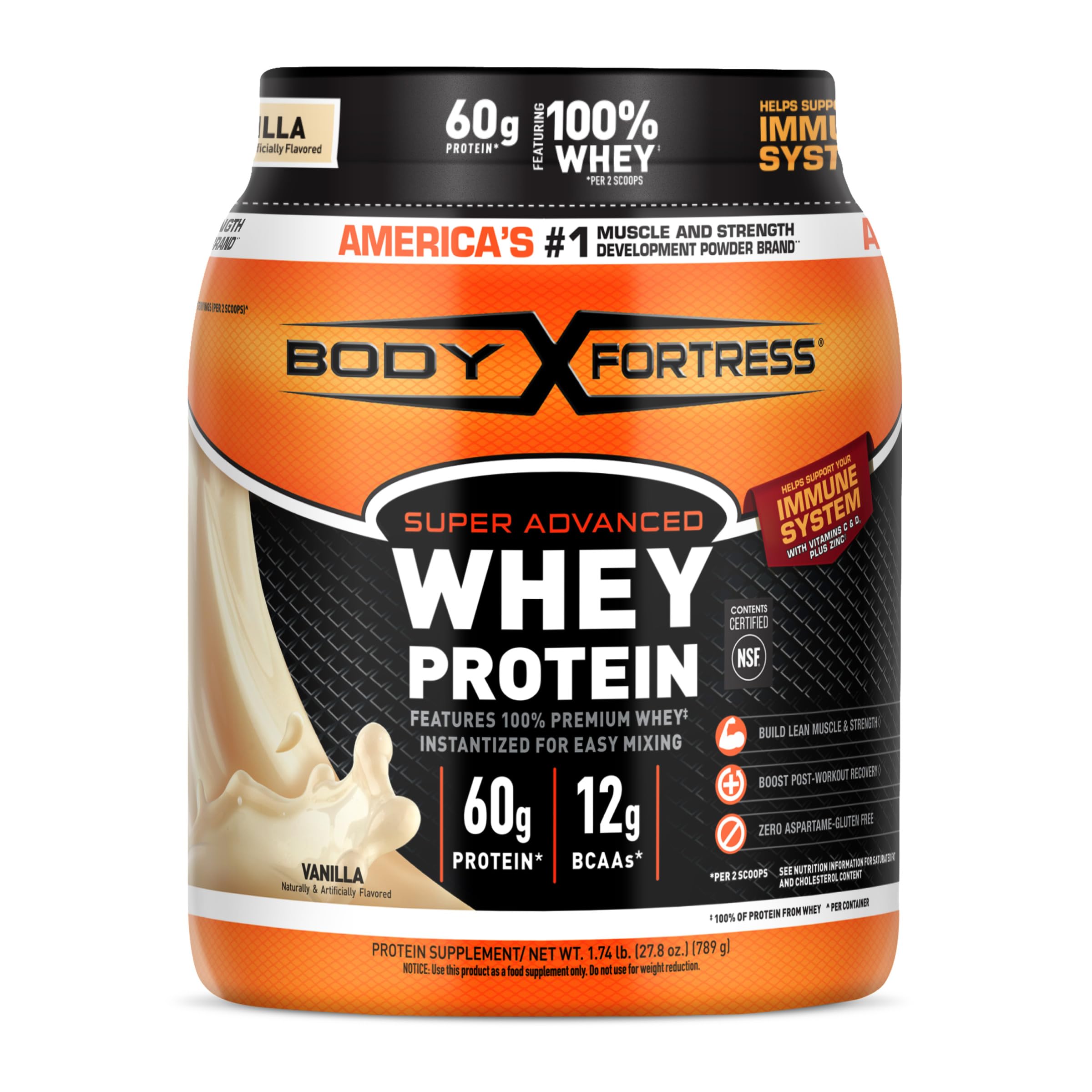 Body Fortress Super Advanced Whey Protein Powder - Vanilla Flavor, 1.74 lbs with Vitamins C, D & Zinc for Immune Support | Post-Workout Recovery & Muscle Building Supplement