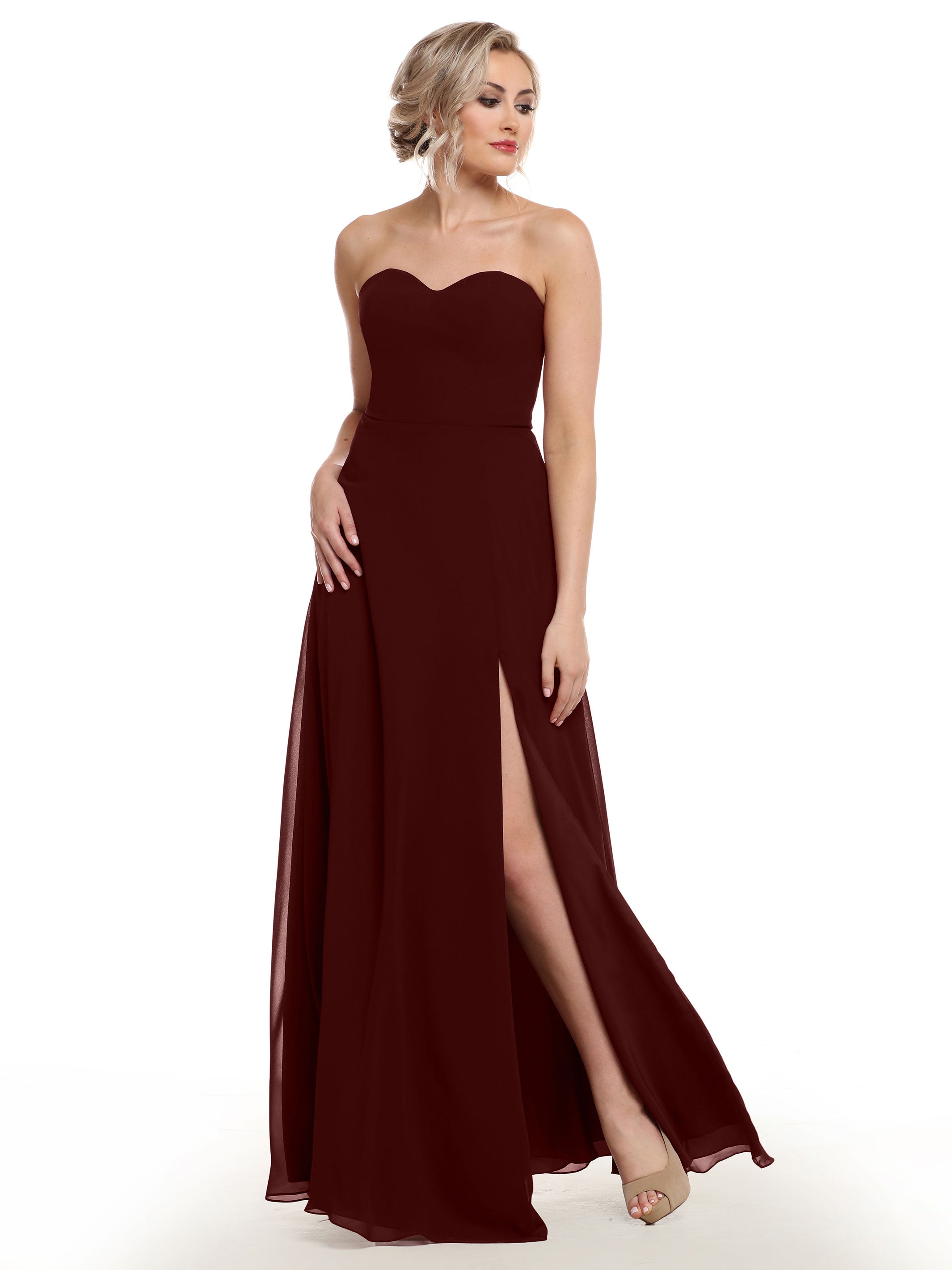 Elegant 80143 Chiffon Strapless Sweetheart Bridesmaid Dress with Lace & High Slit - Perfect for Weddings, Prom & Formal Events
