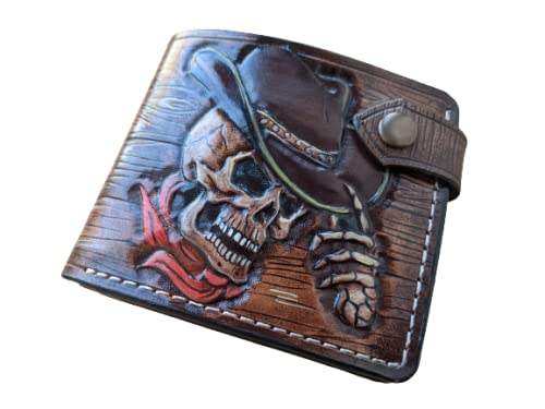 Sheridan Style Western Leather Wallet for Men - Handmade Genuine Leather Bifold Wallet with Floral Embossed Design, Cowboy Skull & Revolver Airbrush Art - RFID Blocking Biker Wallet - Perfect for Western Enthusiasts, Bikers & Gothic Fashion Lovers