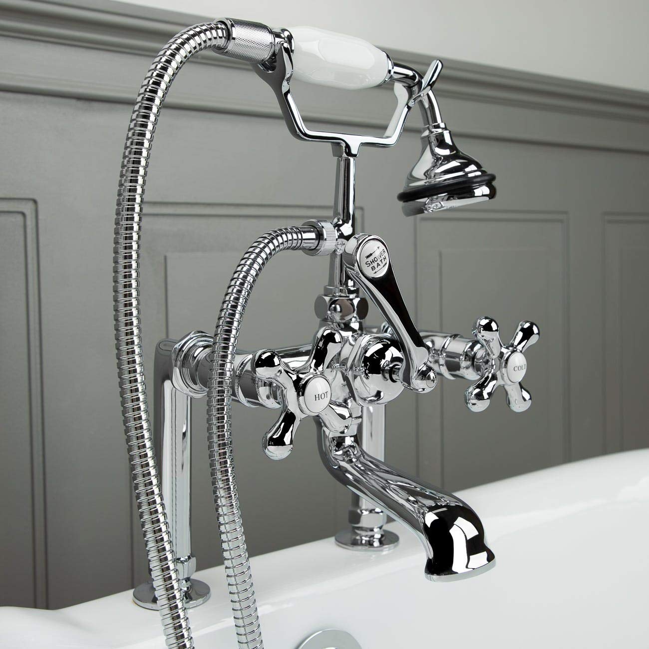 Vintage Clawfoot Tub Faucet - Deck Mount English Telephone Style Bath Faucet with Hand Shower | Antique Brass Finish for Classic Bathroom Decor | Perfect for Victorian Bathroom Renovation & Freestanding Tub Installation