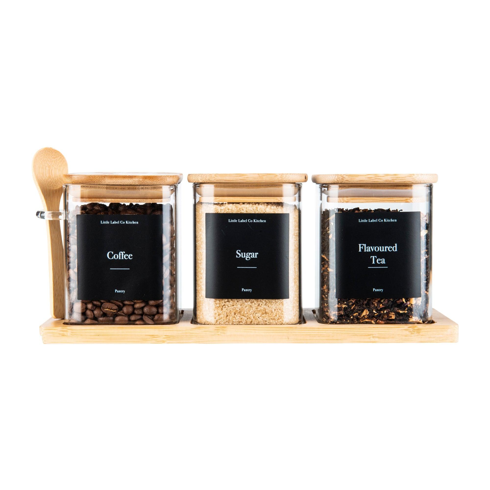 Premium Bamboo Glass Trio Square Set - 500ml Coffee, Tea & Sugar Storage Containers - Perfect for Kitchen, Office & Gifting