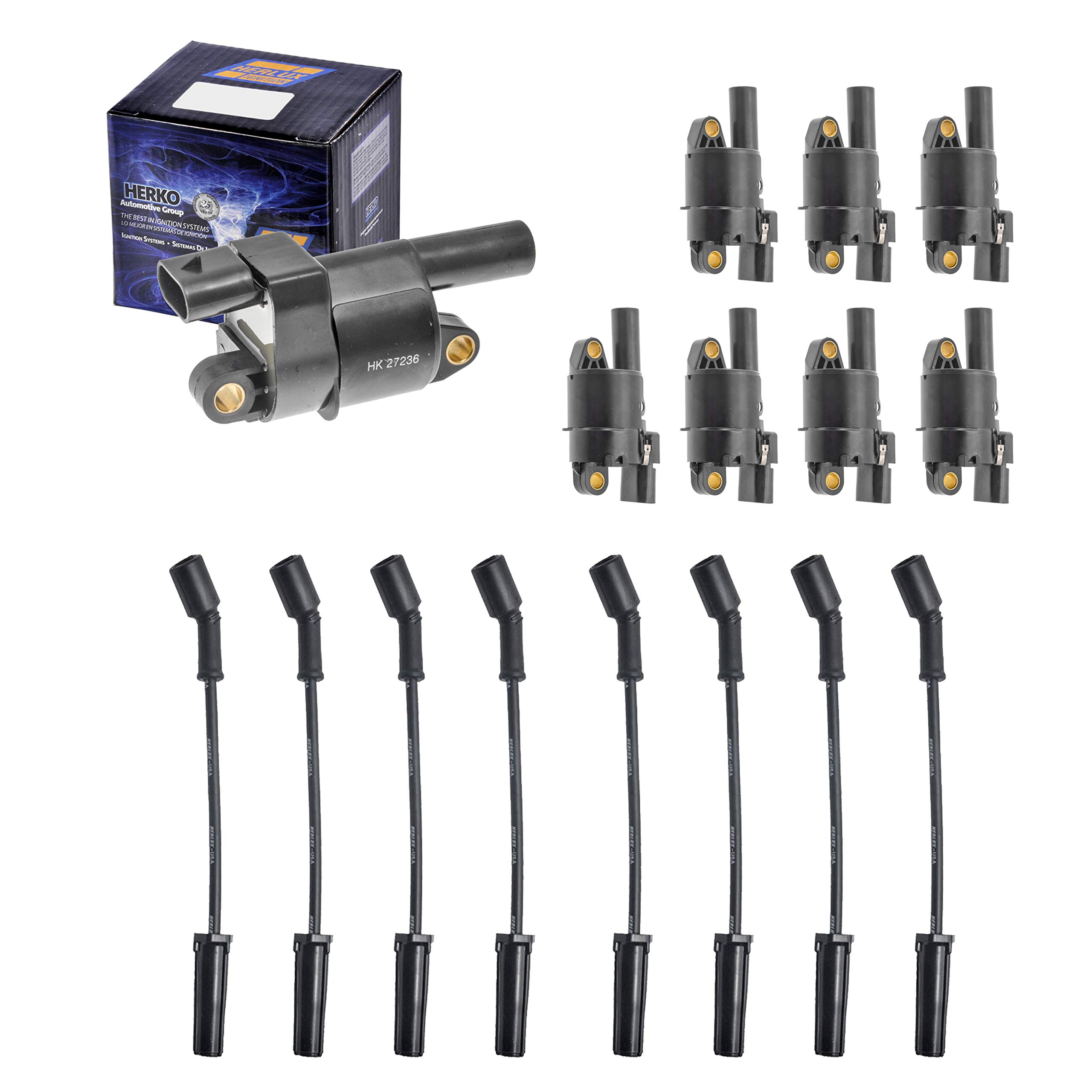 8 Herko B059 Ignition Coils & Spark Plug Wires Set - Compatible with Ford, Chevy, Dodge - High Performance Replacement Parts for Smooth Engine Operation