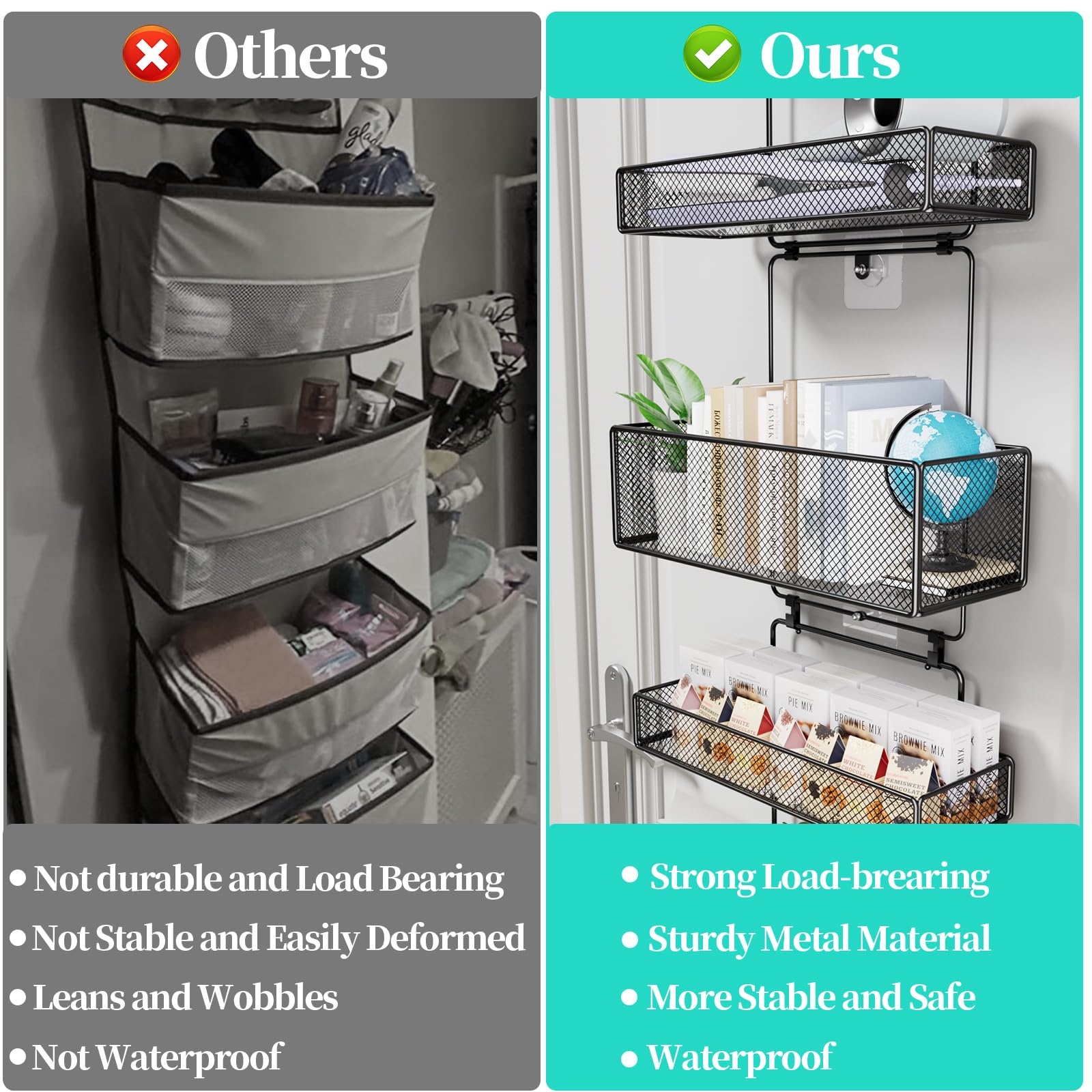 HapiRm Over Door Organizer Storage - 6 Large Metal Baskets, Separable Hanging Organizer for Bathroom, Bedroom, Kitchen, Pantry & Closet - Perfect for Small Space Organization (Black)