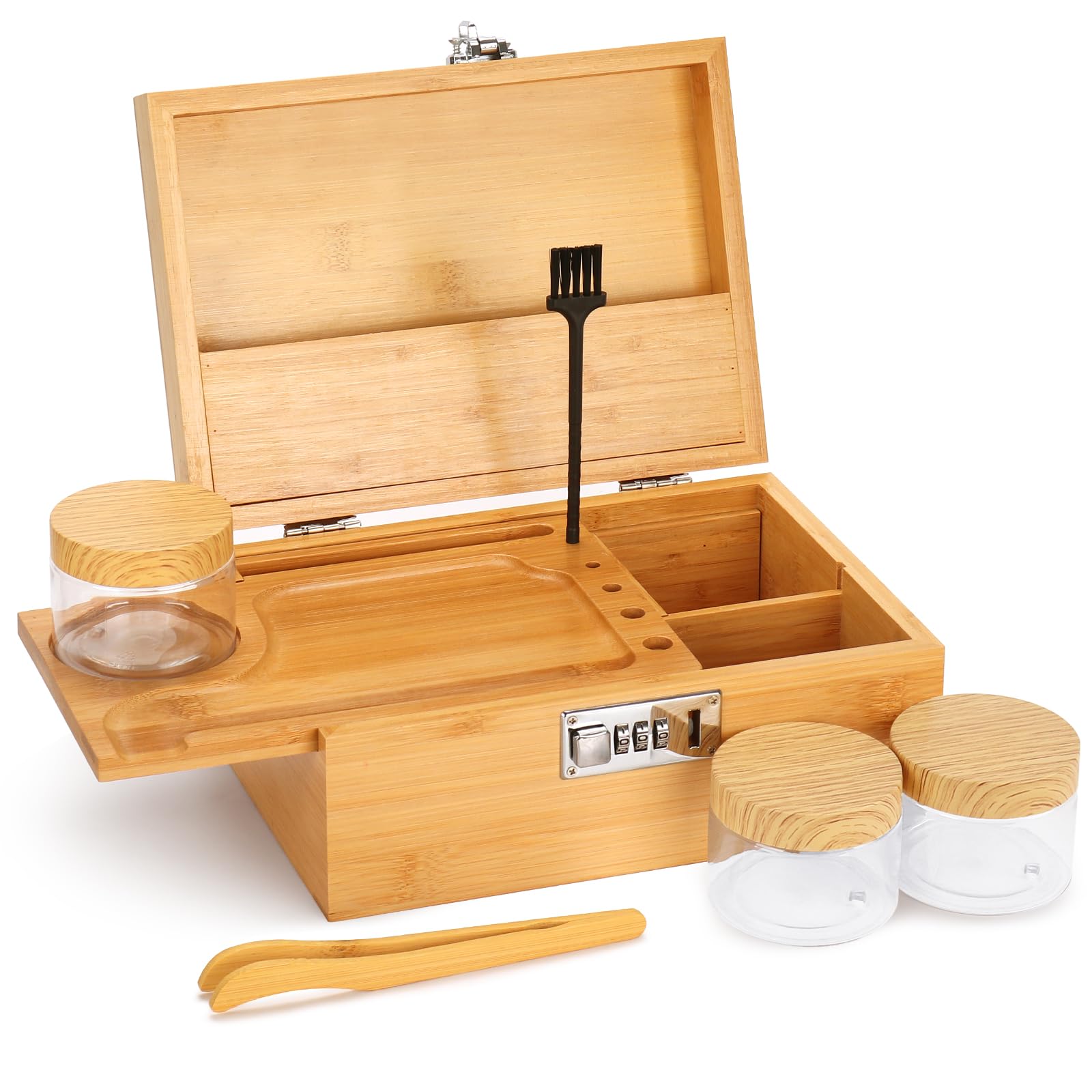 Premium Bamboo Wooden Storage Box Set with Combination Lock - Decorative Home Organizer with Removable Tray & 3 Glass Jars - Perfect Gift for Father's Day, Jewelry Storage, Office Supplies Organization & Home Decor Accessories