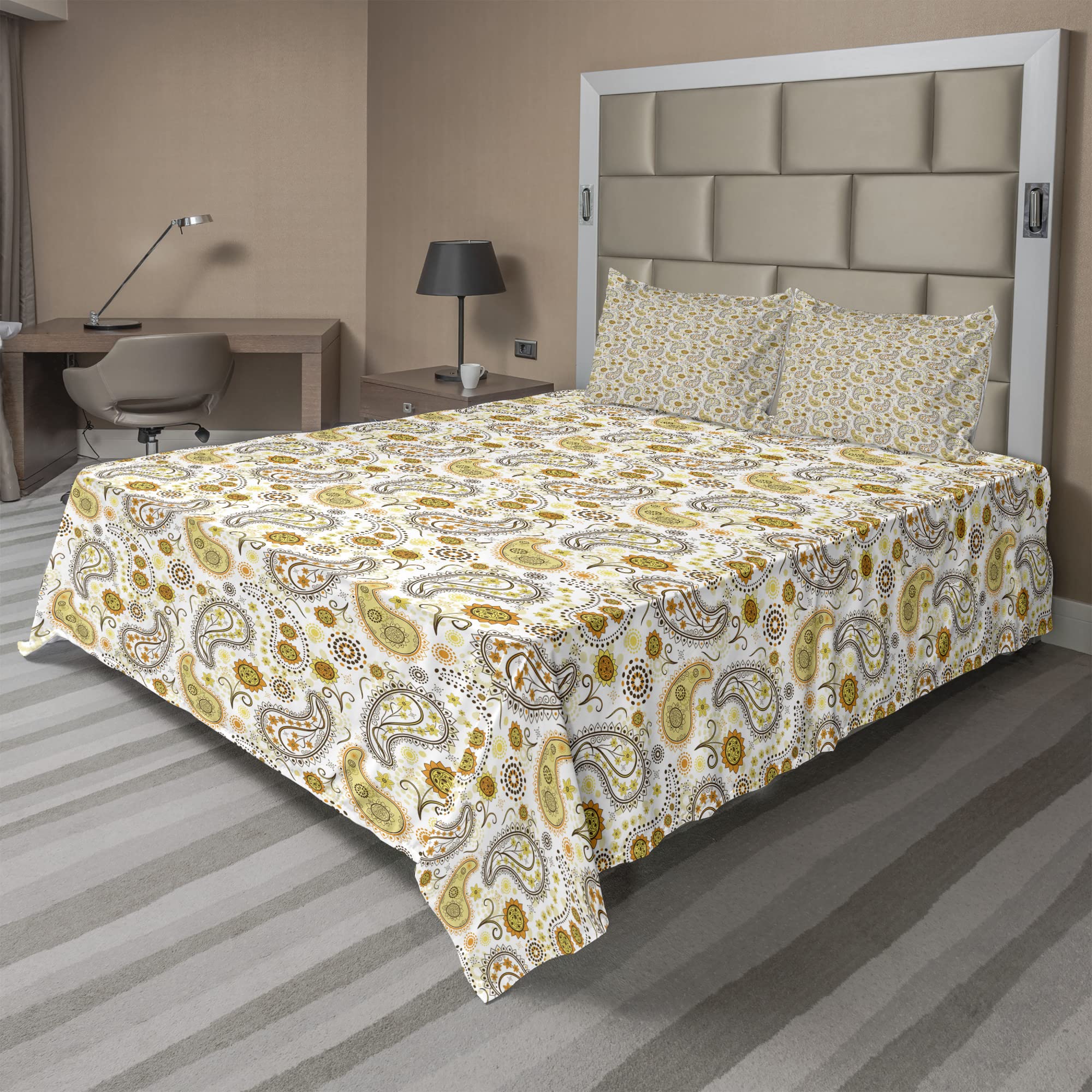Ambesonne Floral King Sheet Set - 4 Piece Boho Sunflower Bedding with Fitted Sheet, Flat Sheet & Pillowcases | Yellow Orange White Persian Inspired Design | Perfect for Bohemian, Farmhouse & Modern Bedrooms