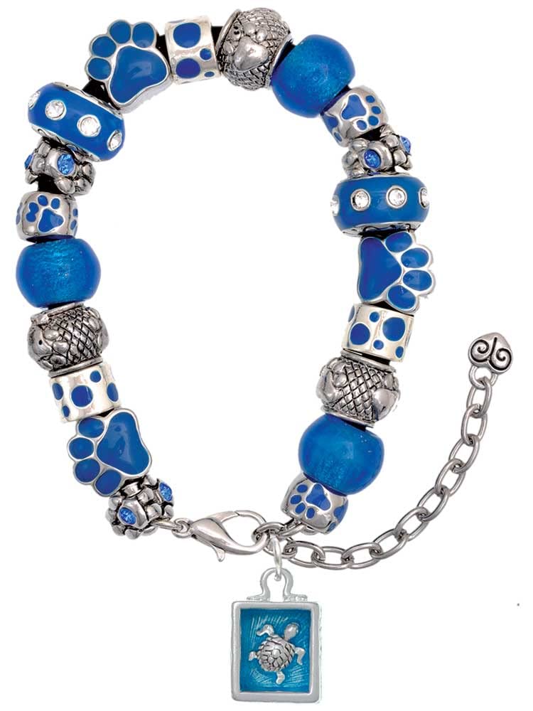 Delight Jewelry Silvertone Sea Turtle Charm Shadow Box Bracelet with Blue Paw Print Beads - Adjustable 7