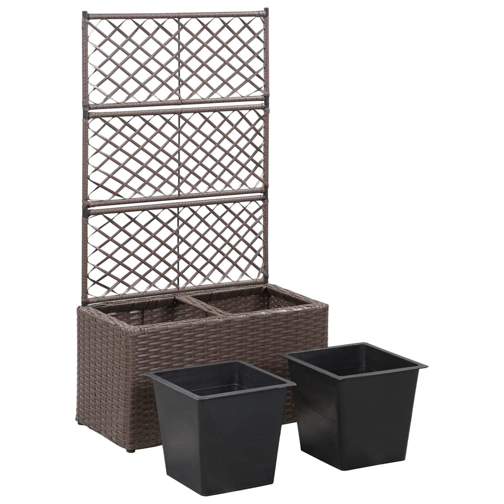 CHARMMA Trellis Raised Garden Bed with 2 Plant Pots - 22.8x11.8x42.1 Inches Poly Rattan Planter Box - Brown Outdoor Gardening Solution - Perfect for Small Spaces, Balconies & Patios