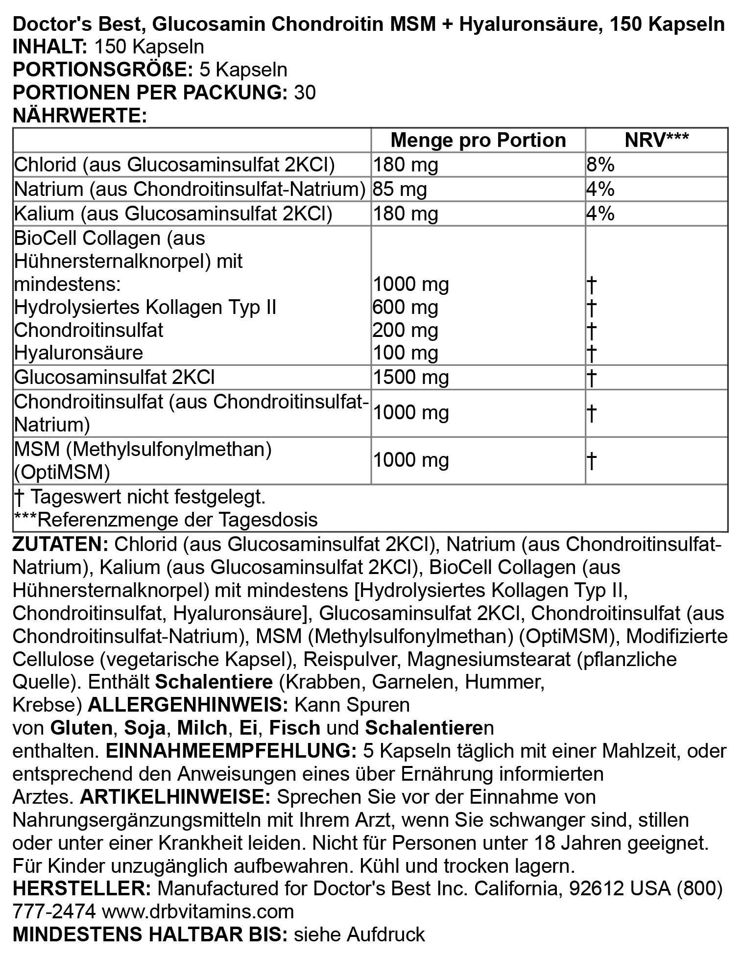Doctor's Best Glucosamine Chondroitin MSM with Hyaluronic Acid & Biocell Collagen - 150 Capsules for Joint Support, Mobility & Comfort | Non-GMO, Gluten & Soy Free | Ideal for Active Lifestyles, Sports Recovery & Arthritis Relief