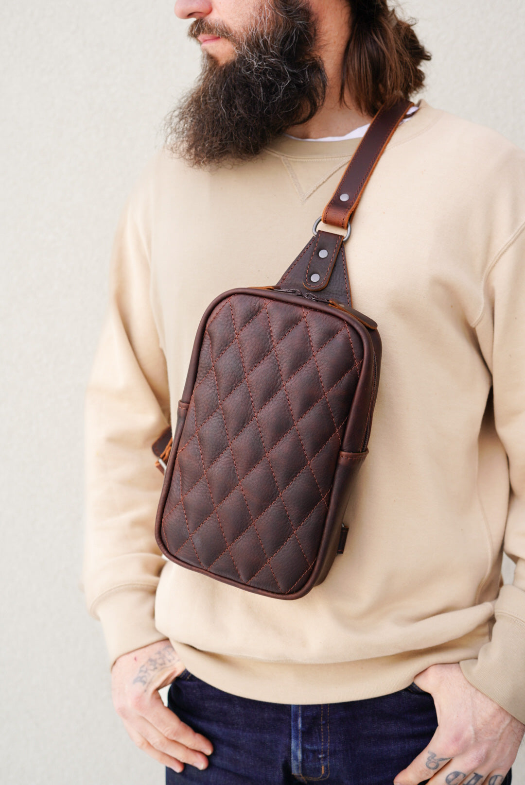 Diamond Stitch Sling Bag - Pitstop Briar Brown Crossbody Bag for Men & Women | Perfect for Travel, Hiking & Everyday Use
