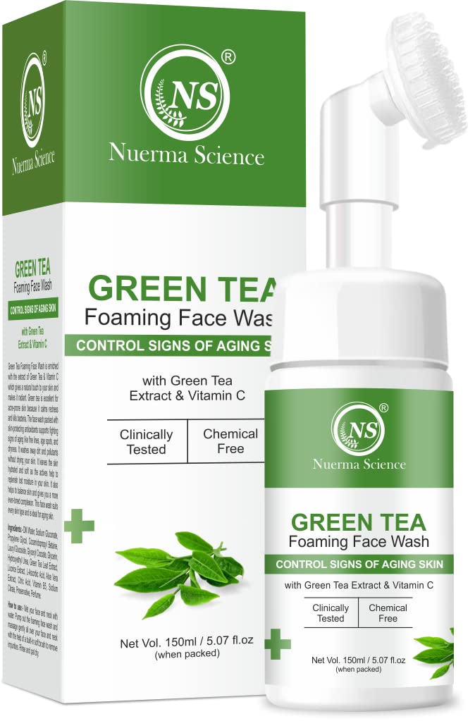 Nuerma Science Green Tea Foaming Face Wash with Vitamin C & Mulethi Extract - Anti-Aging, Hydrating & Brightening Facial Cleanser for Glowing Skin (150ml) | Perfect for Daily Skincare Routine & Removing Impurities