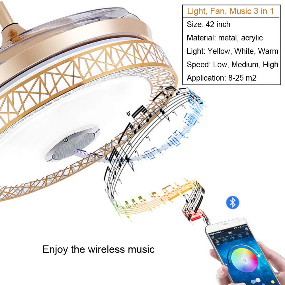 42 Inch Retractable Ceiling Fan with Light & Remote Control - Modern Bluetooth Music Invisible Chandelier Fan, 3 Speed Settings & 3 Light Levels - Perfect for Bedroom, Living Room & Dining Room - Energy Efficient Cooling & Ambient Lighting Solution