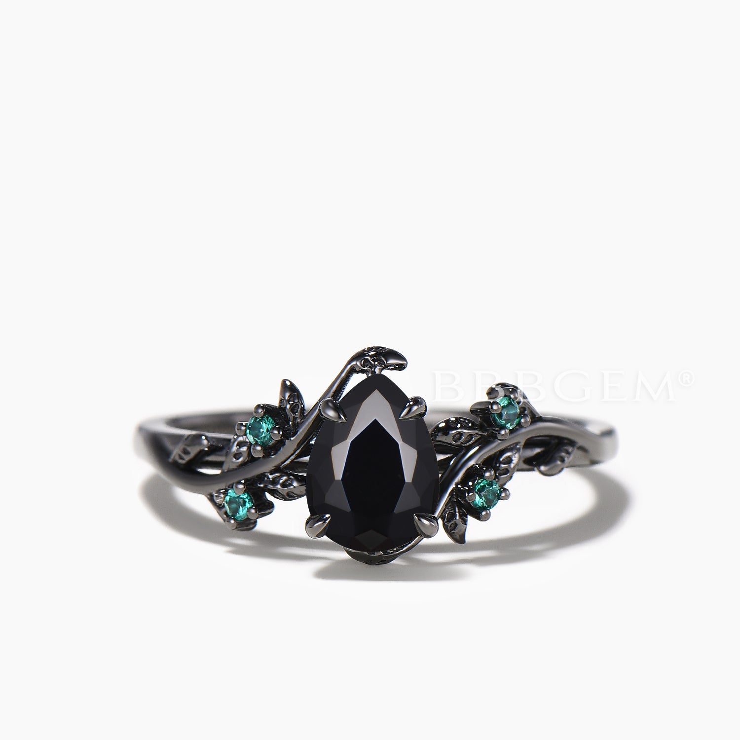 Natural Black Onyx Pear Cut Leaf Design Black Gold Ring - Emerald Inspired Bridal Jewelry Set for Wedding, Engagement & Nature-Themed Occasions
