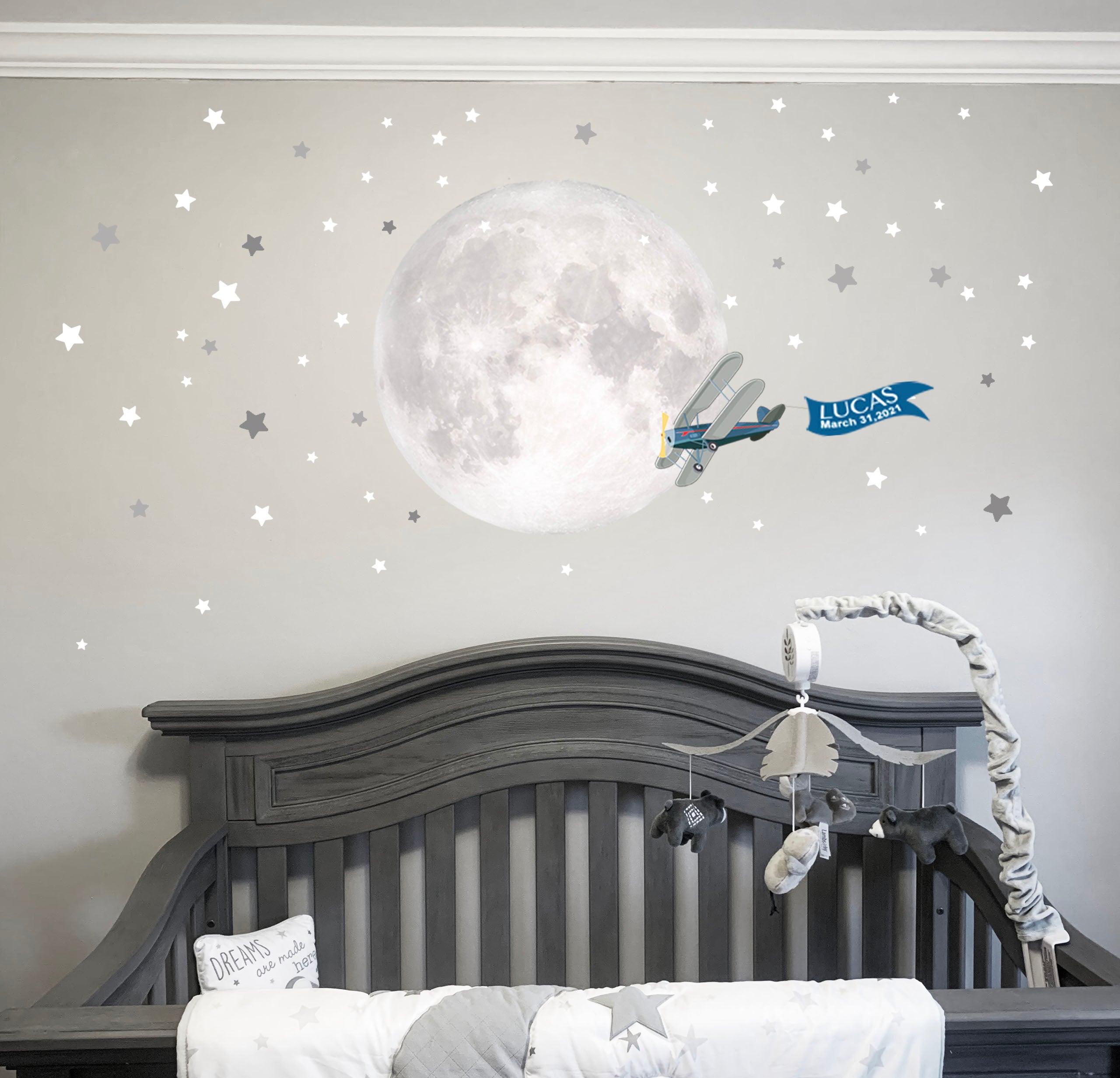 Moon Stars and Plane Baby Nursery Mural Wall Decal - Space Themed Room Decor for Boys Girls Bedroom, Playroom & Nursery (Perfect for Newborns, Toddlers & Kids)