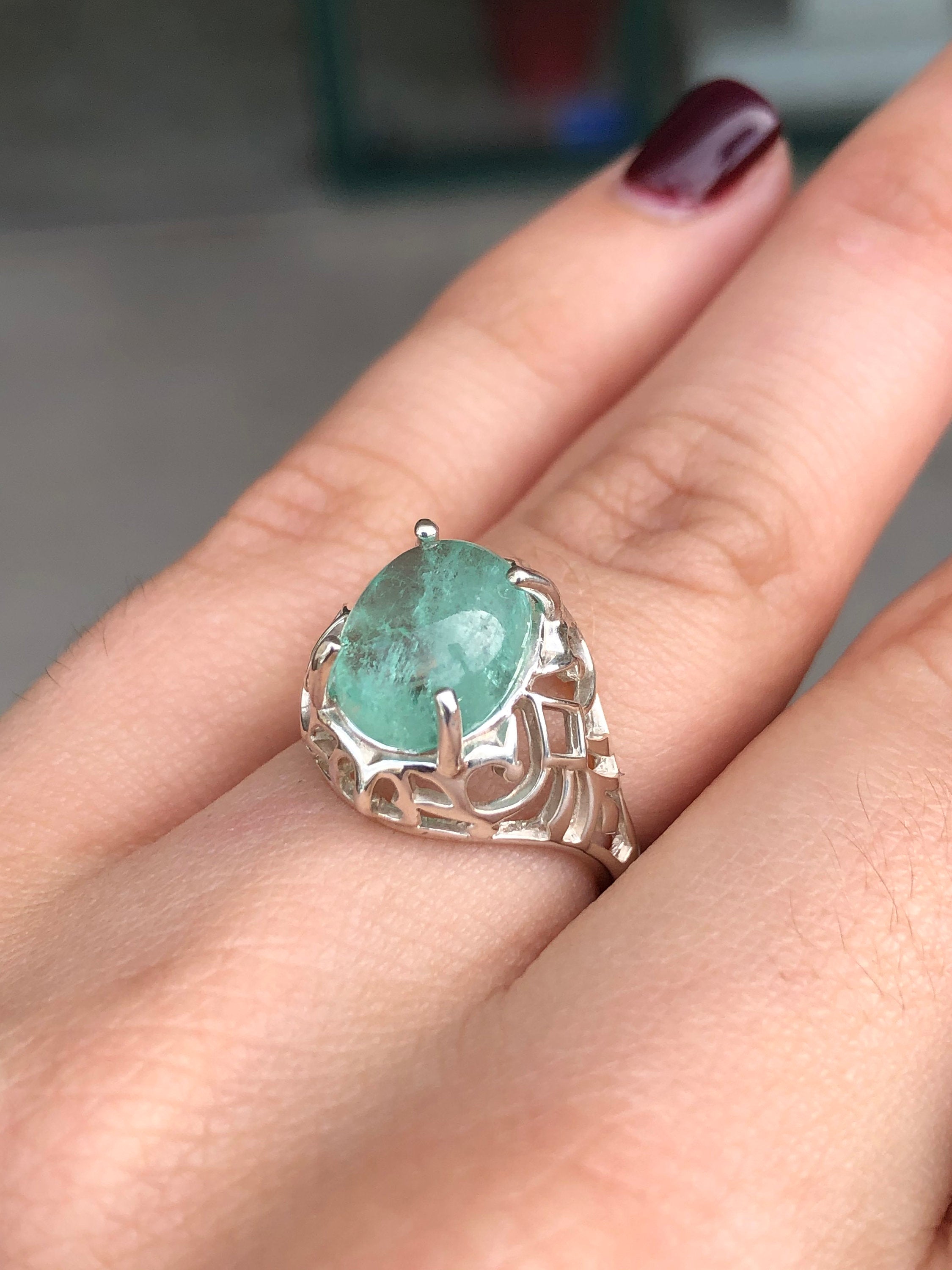 3.57 Carat Natural Emerald Freeform Cabochon Solitaire Ring in 925 Sterling Silver - Perfect for Engagement, Anniversary & Special Occasion Jewelry Gifts