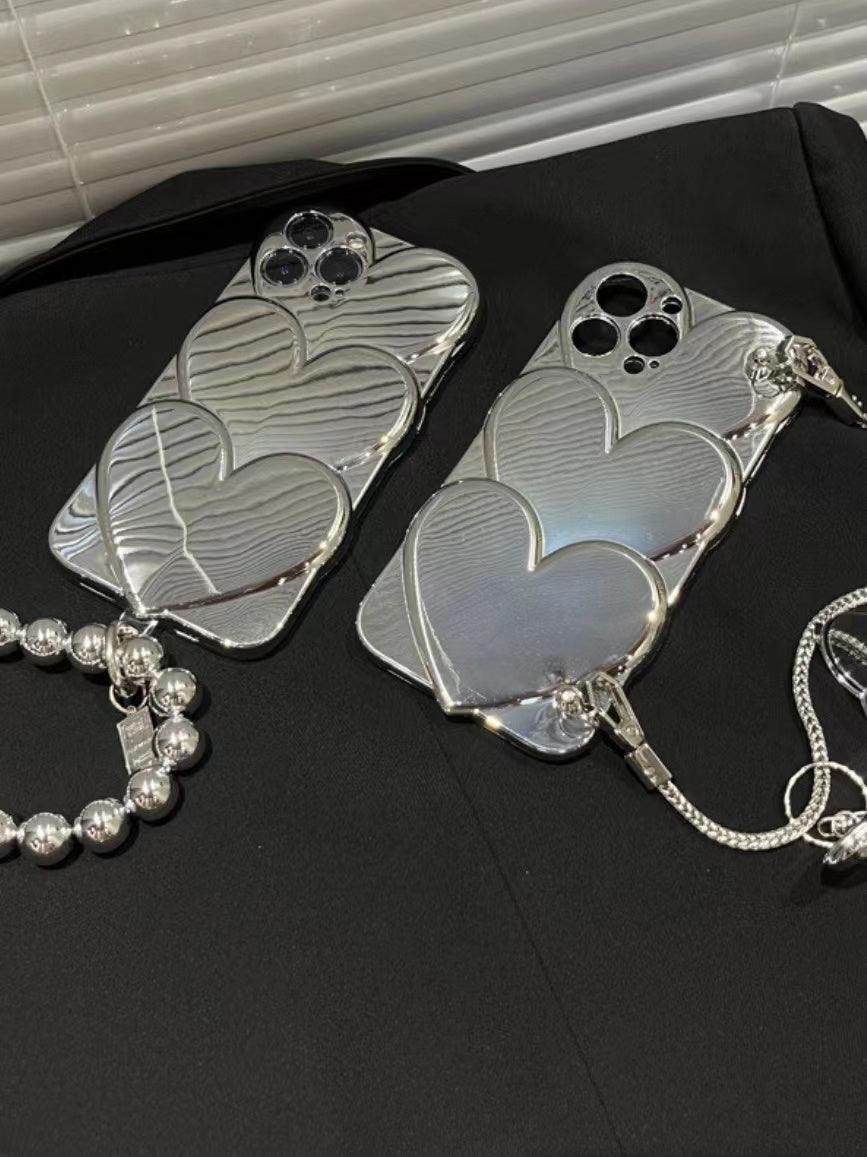 Lovevop Bright Silver Heart Mirror Hand Chain Phone Case - Stylish & Functional Accessory for Women | Perfect for Parties, Selfies & Everyday Use