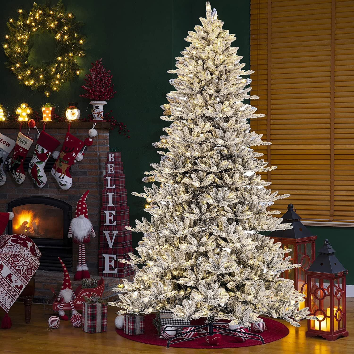 Glitzhome 11ft Prelit Flocked Slim Fir Artificial Christmas Tree with 950 Warm White LED Lights - Large Christmas Tree for Holiday Decor, Living Room, Office & Party Decorations