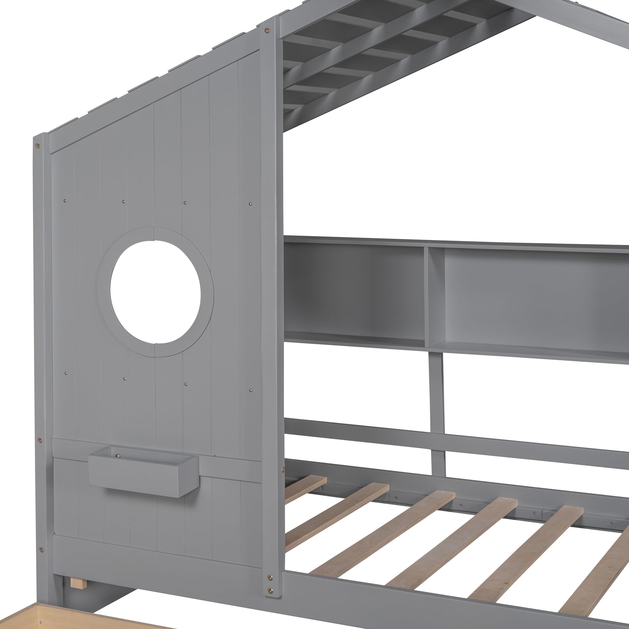 Wooden Twin Size House Bed with 2 Drawers - Kids Storage Bed with Shelf for Boys, Girls & Teens - Space-Saving Bedroom Furniture (Twin, Gray) - Perfect for Small Rooms, Playrooms & Sleepovers
