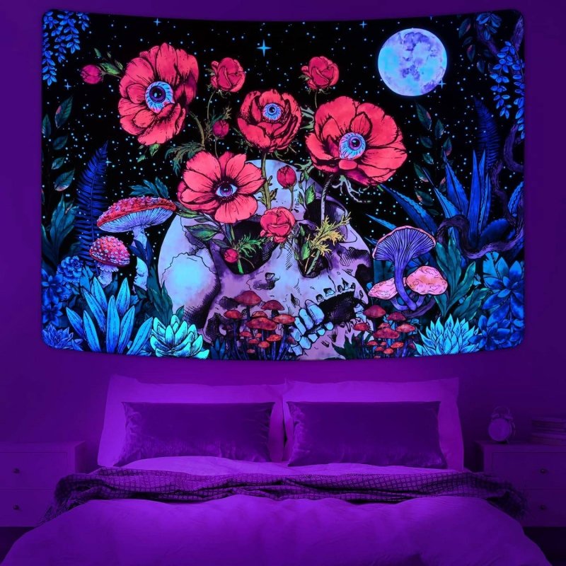 Skull Floral Official Glow Tapestry UV Art Decor - Gothic Wall Hanging for Bedroom, Living Room & Party Decorations
