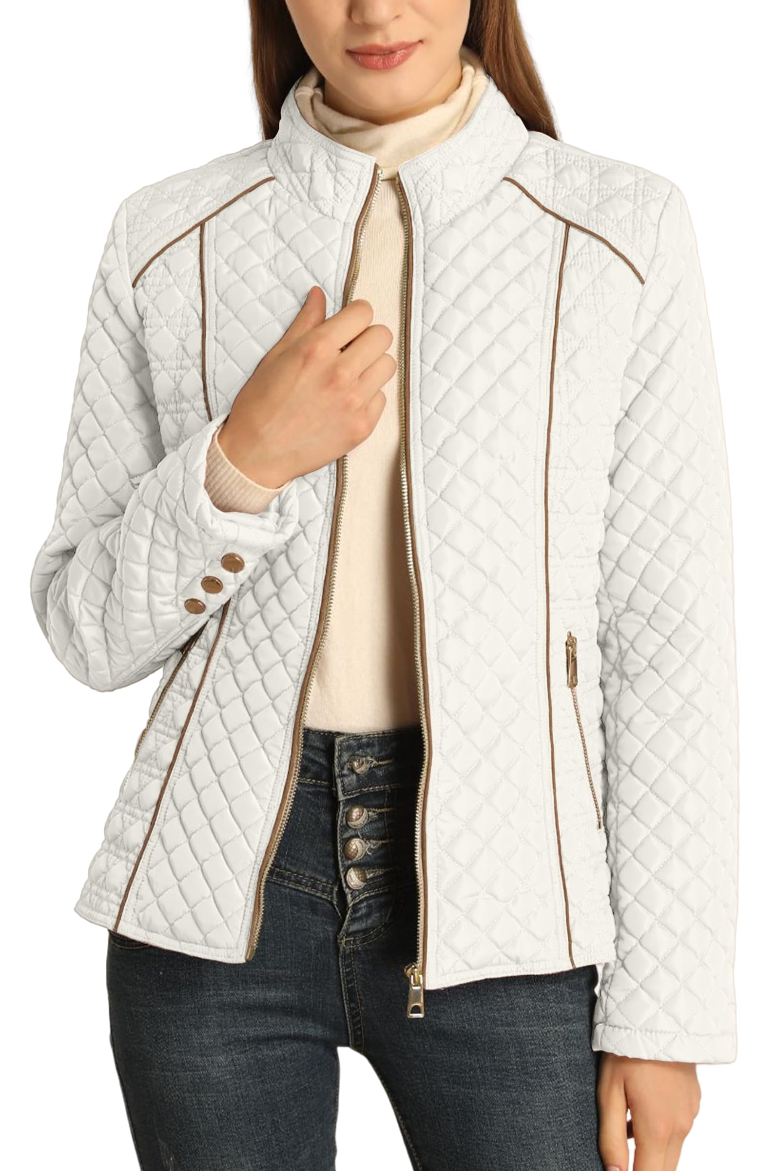 Bellivera Women's Lightweight Quilted Puffer Jacket - Stand Collar Zip-Up Coat for Spring & Winter | Casual Outerwear for Daily Wear, Travel & Outdoor Activities