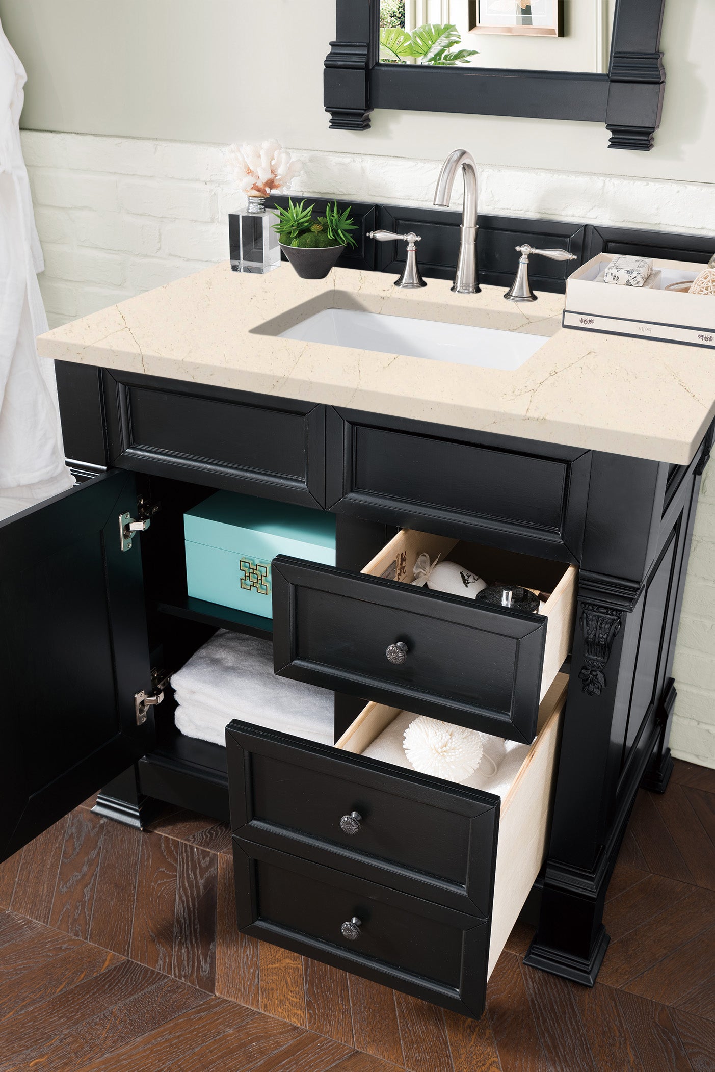 Brookfield 36 Inch Single Bathroom Vanity Set with Antique Black Finish & 3CM Eternal Marfil Quartz Countertop - Perfect for Modern Master Bathrooms & Powder Rooms