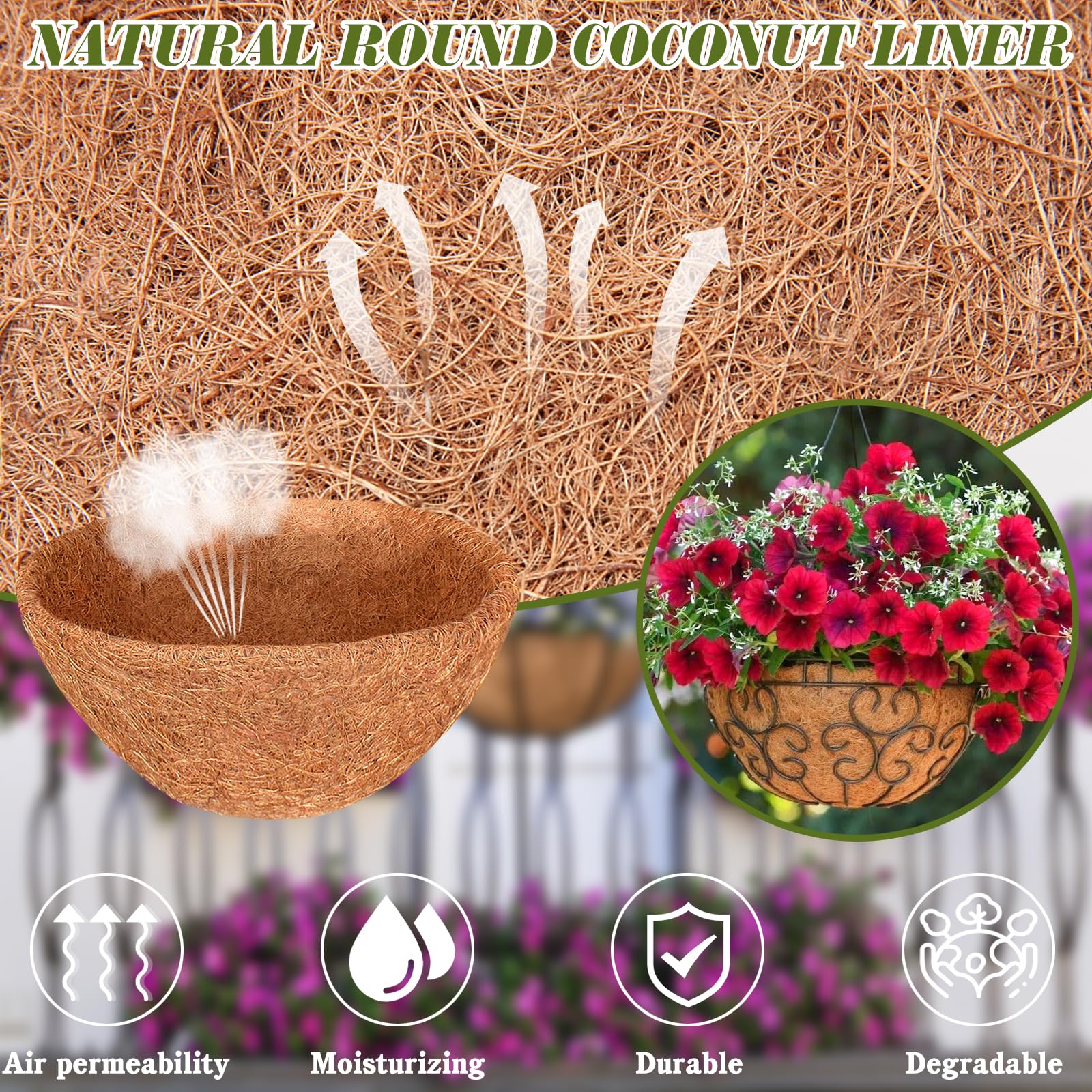 3PCS 12 Inch Natural Coconut Coir Hanging Basket Liners - 100% Organic Coco Fiber Plant Pot Liners for Flowers, Vegetables & Indoor/Outdoor Plants | Perfect for Balcony Gardens, Vertical Planters & DIY Home Decor