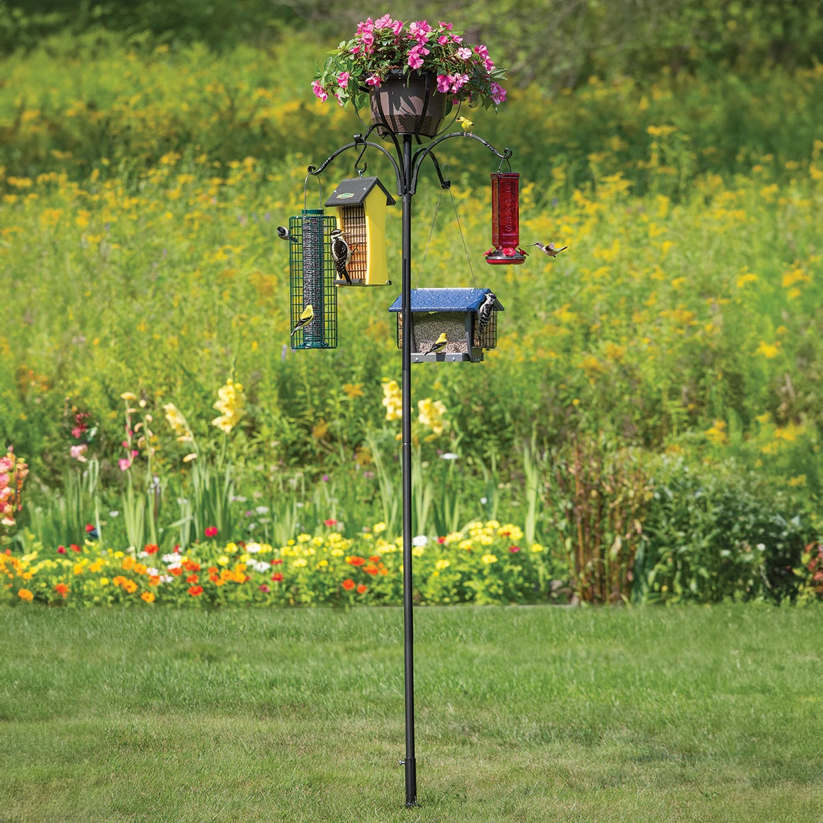 Heavy Duty 4-Arm Garden Pole with Twister & Flower Basket - Perfect for Outdoor Plant Support, Hanging Baskets, and Garden Decor