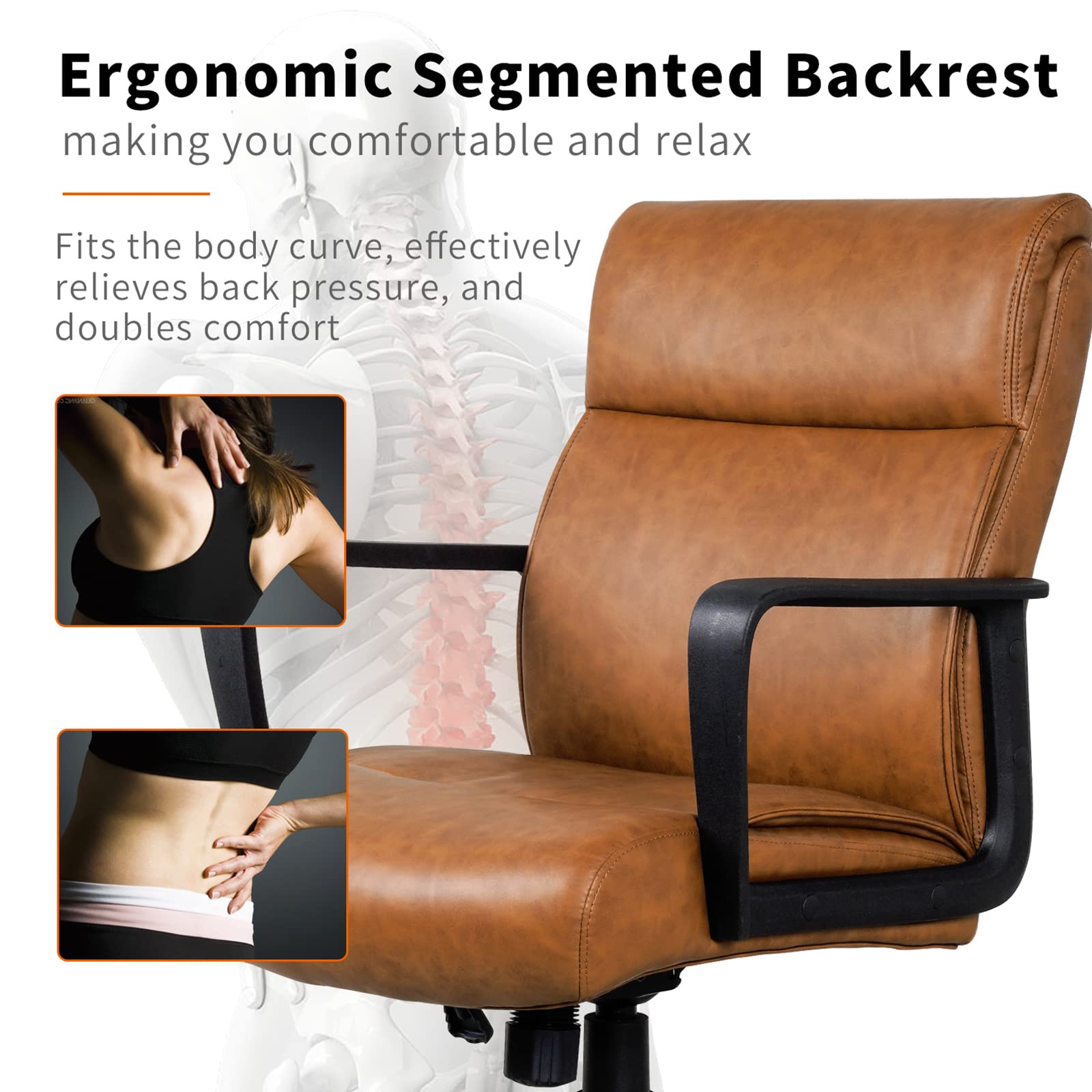 Premium Brown Leather Office Chair with Wheels - Mid Back Ergonomic Desk Chair for Home & Office - Stylish Mid Century Modern Design for Comfortable Workspaces