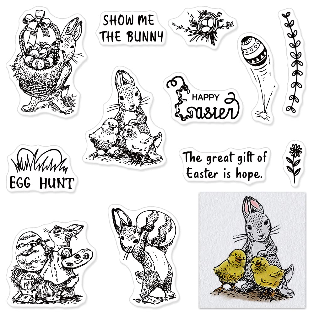 Easter Bunny Clear Rubber Stamps Set - Easter Eggs, Chicks, Rabbits, Flowers & Leaves for DIY Card Making, Scrapbooking & Paper Crafts - Perfect for Easter Greeting Cards, Home Decor & Spring Craft Projects
