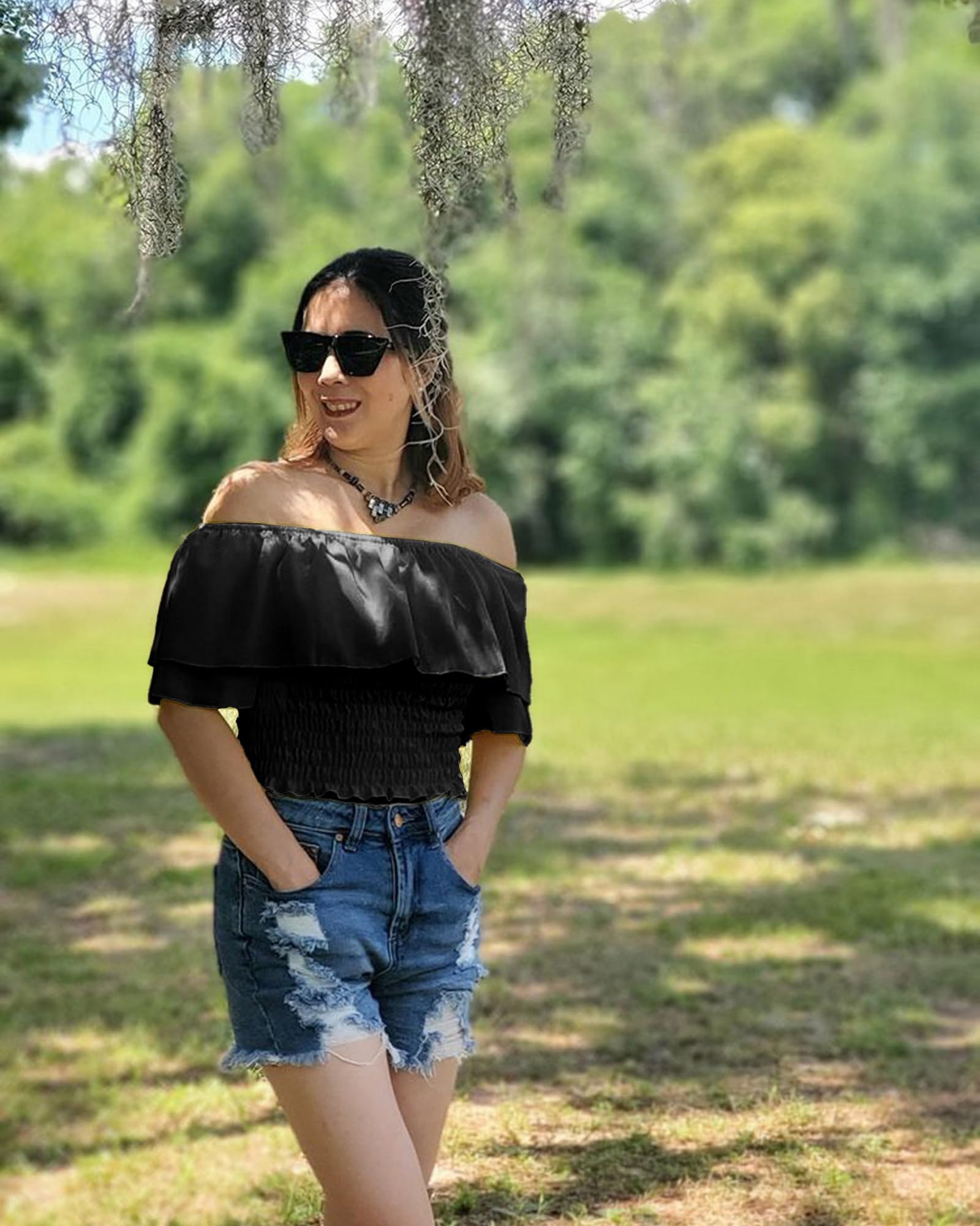 HibluCo Women's Off Shoulder Ruffled Crop Top - Smocked Waist Summer Blouse for Beach, Party & Casual Outfits