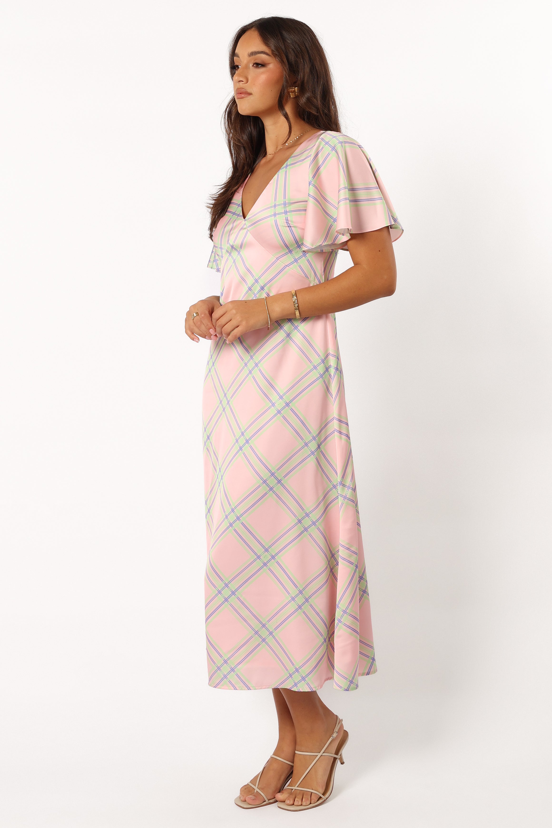 Jess Women's Midi Dress - Pink Check Plaid Flowy Summer Dress for Casual Outings & Date Nights | Flattering A-Line Cut with Short Sleeves