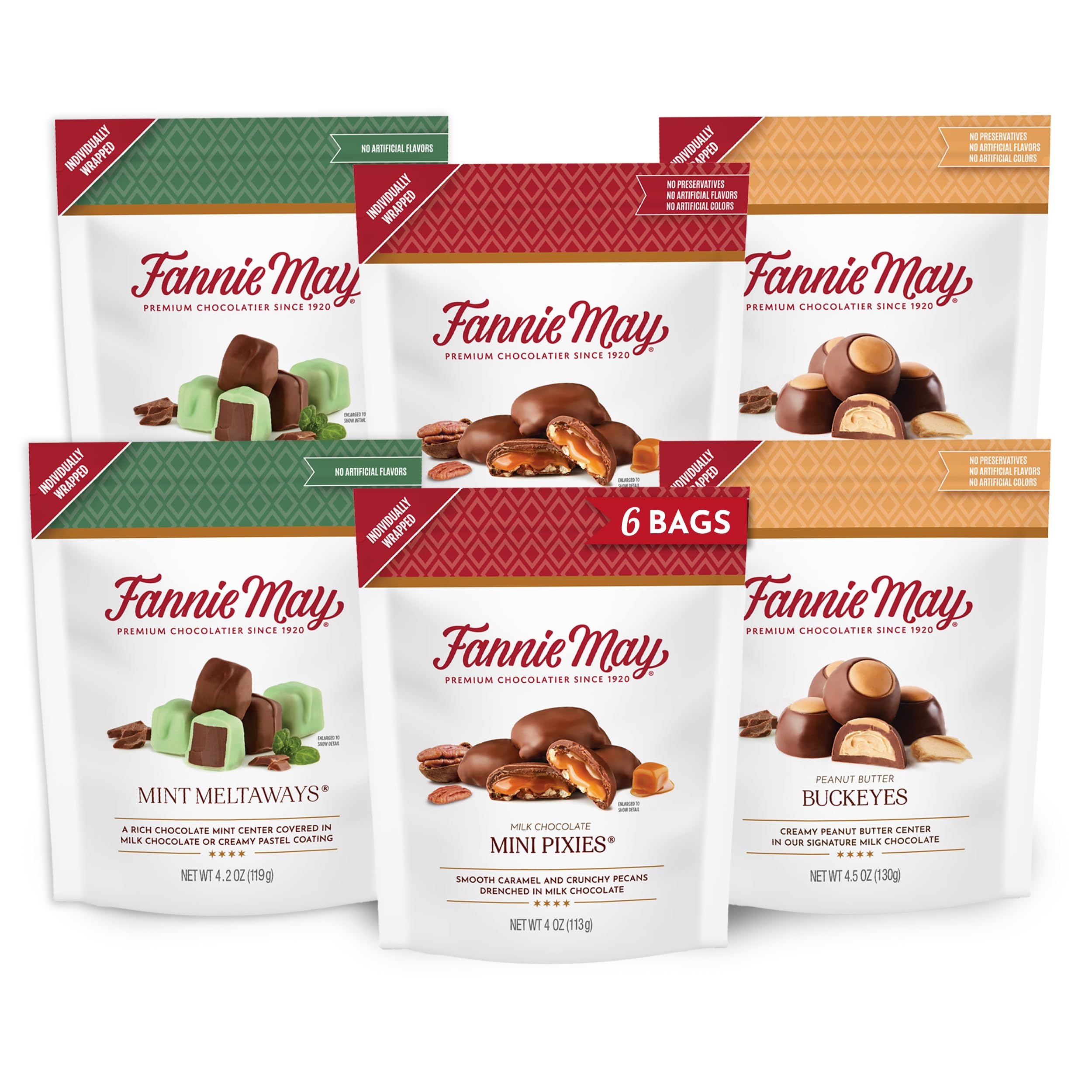 Fannie May Gourmet Chocolate Variety Pack - 6 Bags (25.4 oz) with Milk Chocolate Mini Pixies, Mint Meltaways & Peanut Butter Buckeyes | Premium Holiday Gifts for Christmas, Valentine's Day & Corporate Events | Perfect for Gift Baskets, Party Favors & Chocolate Lovers