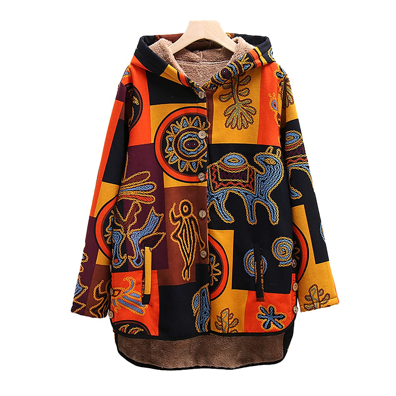 Women's Vintage Print Fuzzy Fleece Lined Jacket with Hood - Warm Long Sleeve Thicker Winter Coat for Outdoor Activities, Hiking & Casual Wear