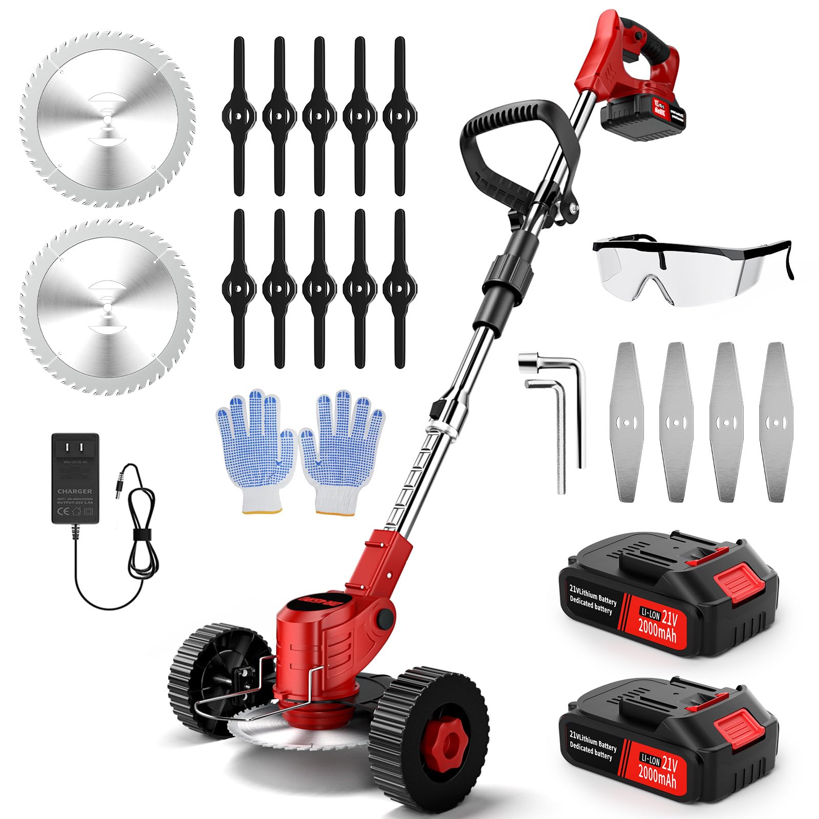 21V Cordless Electric Weed Wacker with 3 Blades & 2x2.0Ah Battery - Lightweight Foldable Stringless Grass Trimmer & Brush Cutter for Garden, Yard, Lawn Care & Landscaping - Perfect for Edging, Trimming, and Cutting Overgrown Weeds