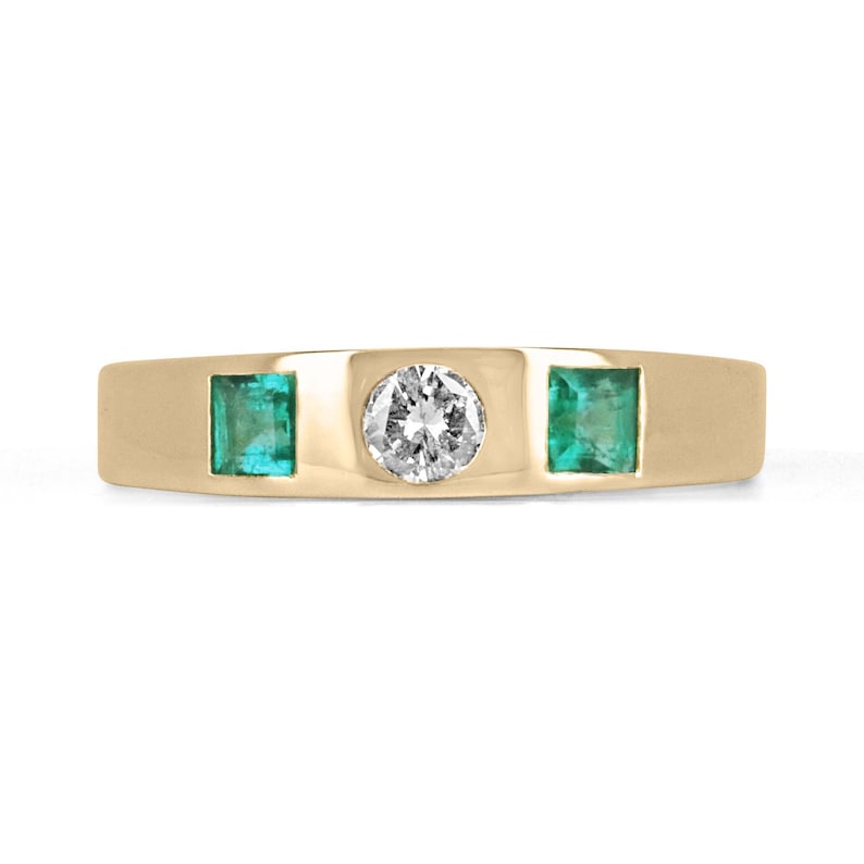 0.60tcw 14K Gold Natural Vivid Green Princess Cut Diamond & Emerald 3 Stone Wedding Band Ring for Engagement, Anniversary, and Special Occasions