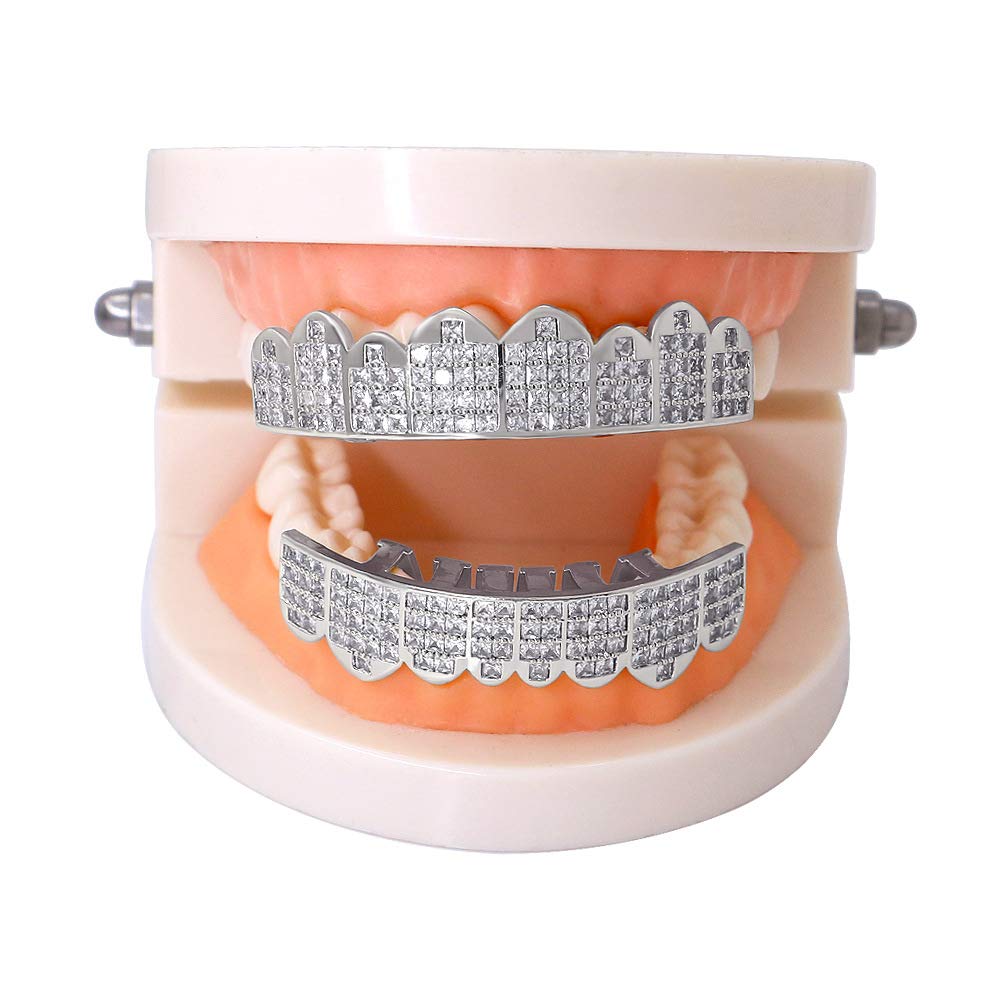 Diamond Pave CZ Gold & Silver Grillz for Men & Women - Square Hip Hop Teeth Jewelry for Parties, Concerts & Special Events