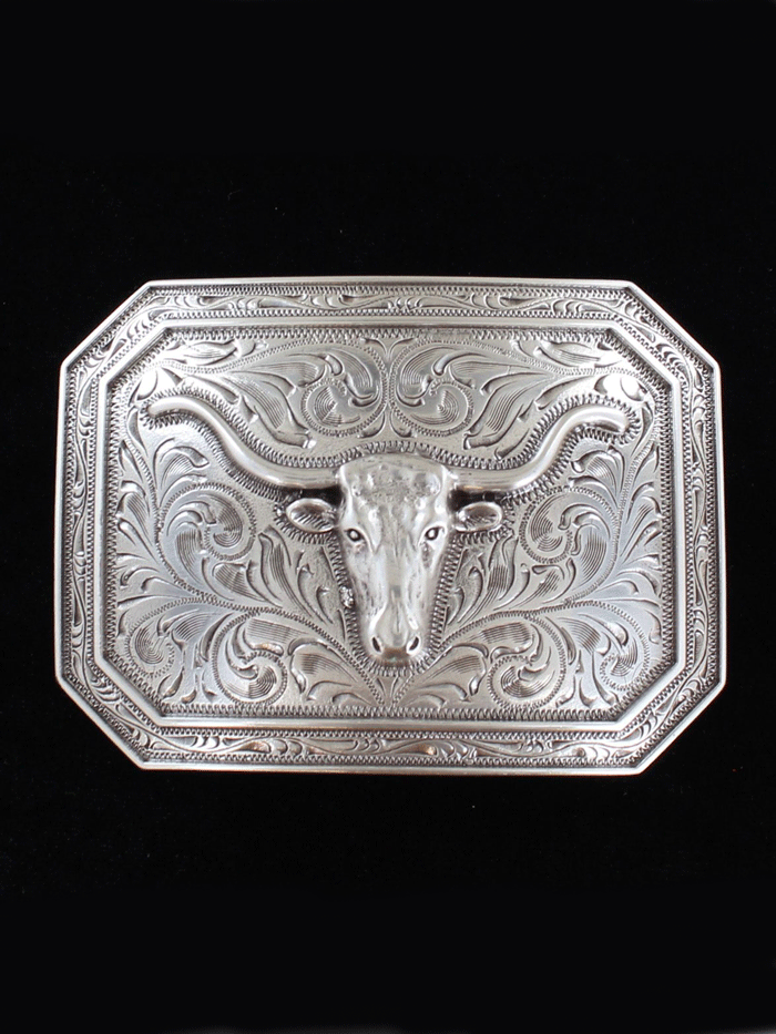Ariat A37008 Men's Western Belt Buckle - Silver Longhorn Scroll Engraved Rectangular Design for Cowboy Boots & Jeans | Perfect for Rodeo, Ranch Work & Country Style Fashion