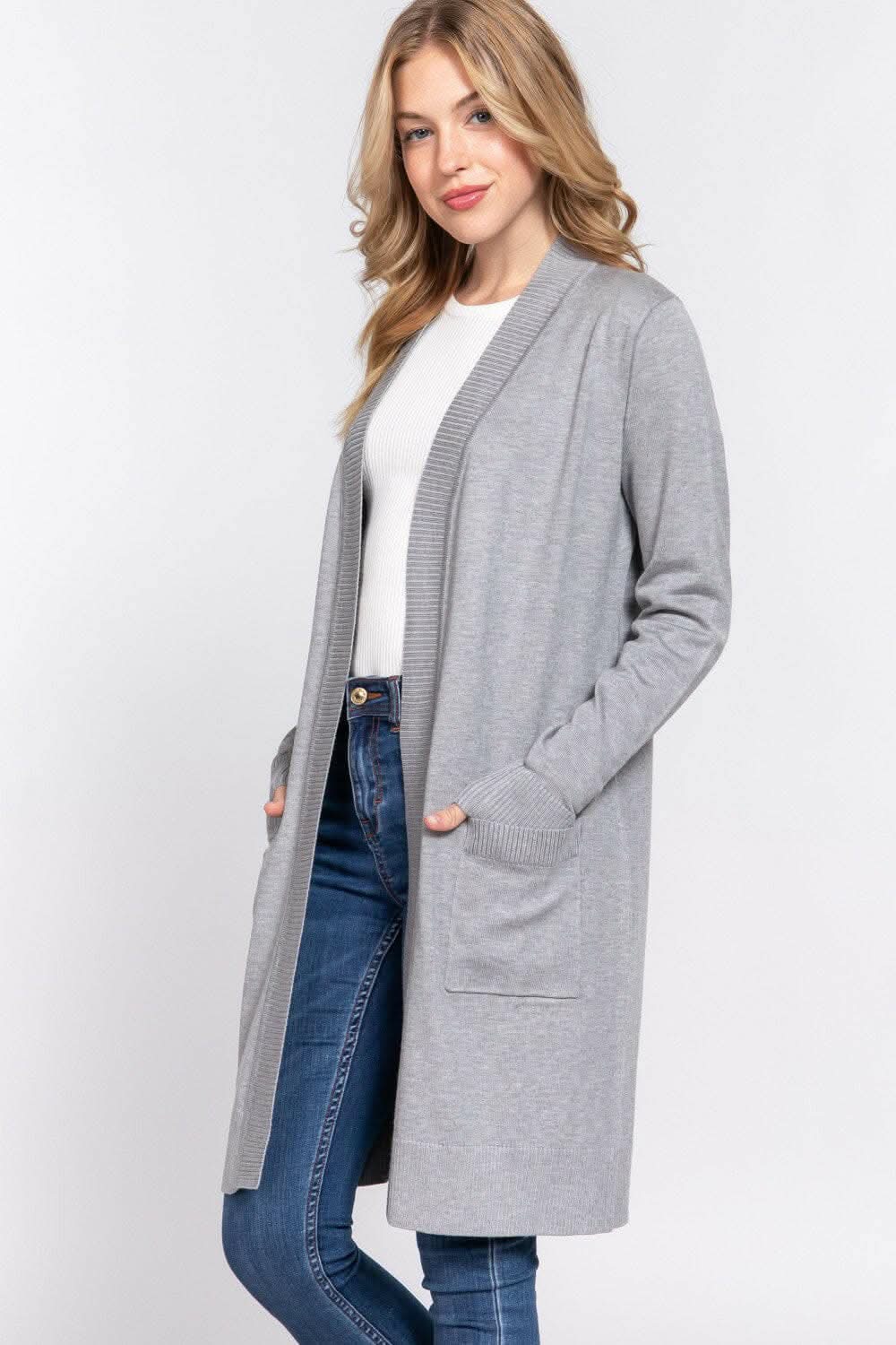 ACTIVE BASIC Open Front Rib Trim Long Sleeve Knit Cardigan for Women | Cozy Fall & Winter Layering Piece | Perfect for Office, Casual Outfits and Lounge Wear